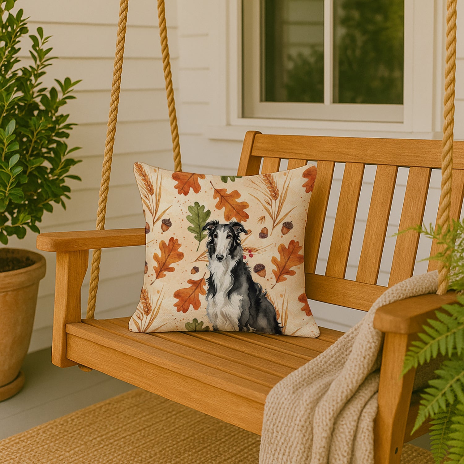Black and White Borzoi Heirloom Fall Decorative Throw Pillow 18x18 Indoor Outdoor Accent Cushion, Fabric Cover with Insert for Sofa, Bed, Porch & Living Room