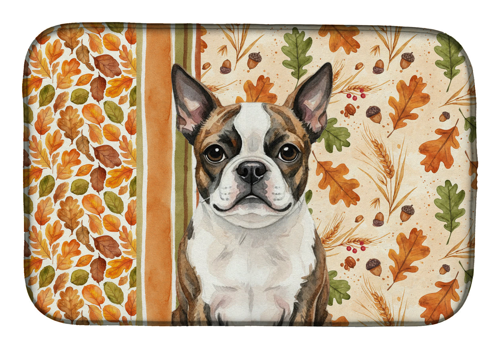 Brindle Boston Terrier Heirloom Fall Dish Drying Mat Absorbent Dish Drying Mat Pad for Kitchen Counter Dish Drainer Mat for Countertop, 14 x 21", Multicolor