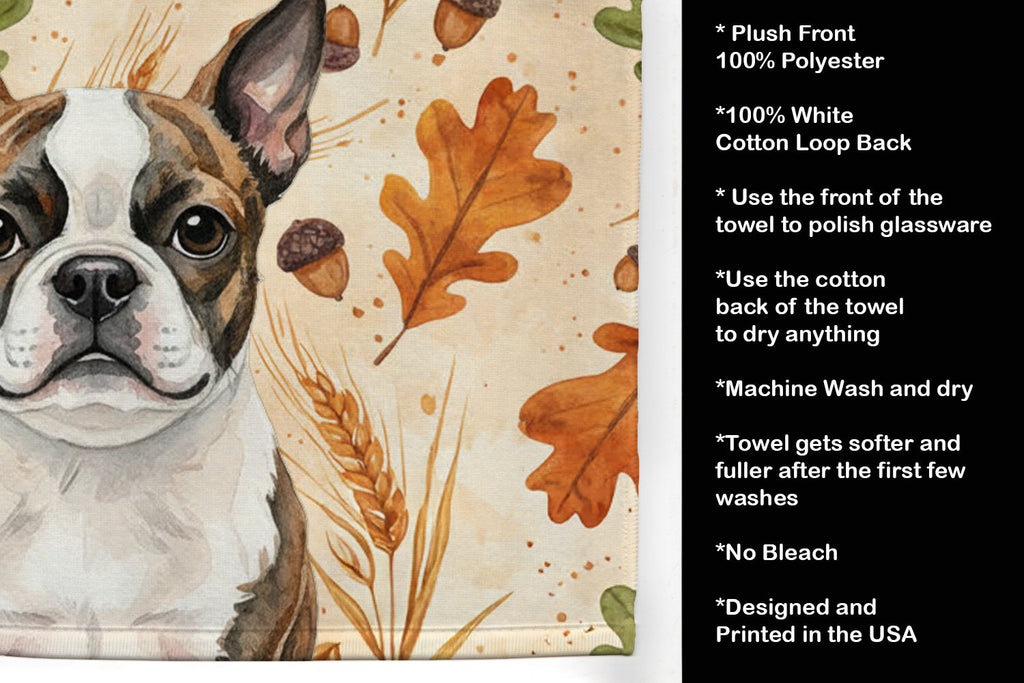 Brindle Boston Terrier Heirloom Fall Kitchen Towel Velour Plush Front and Cotton Loop Back Machine Washable