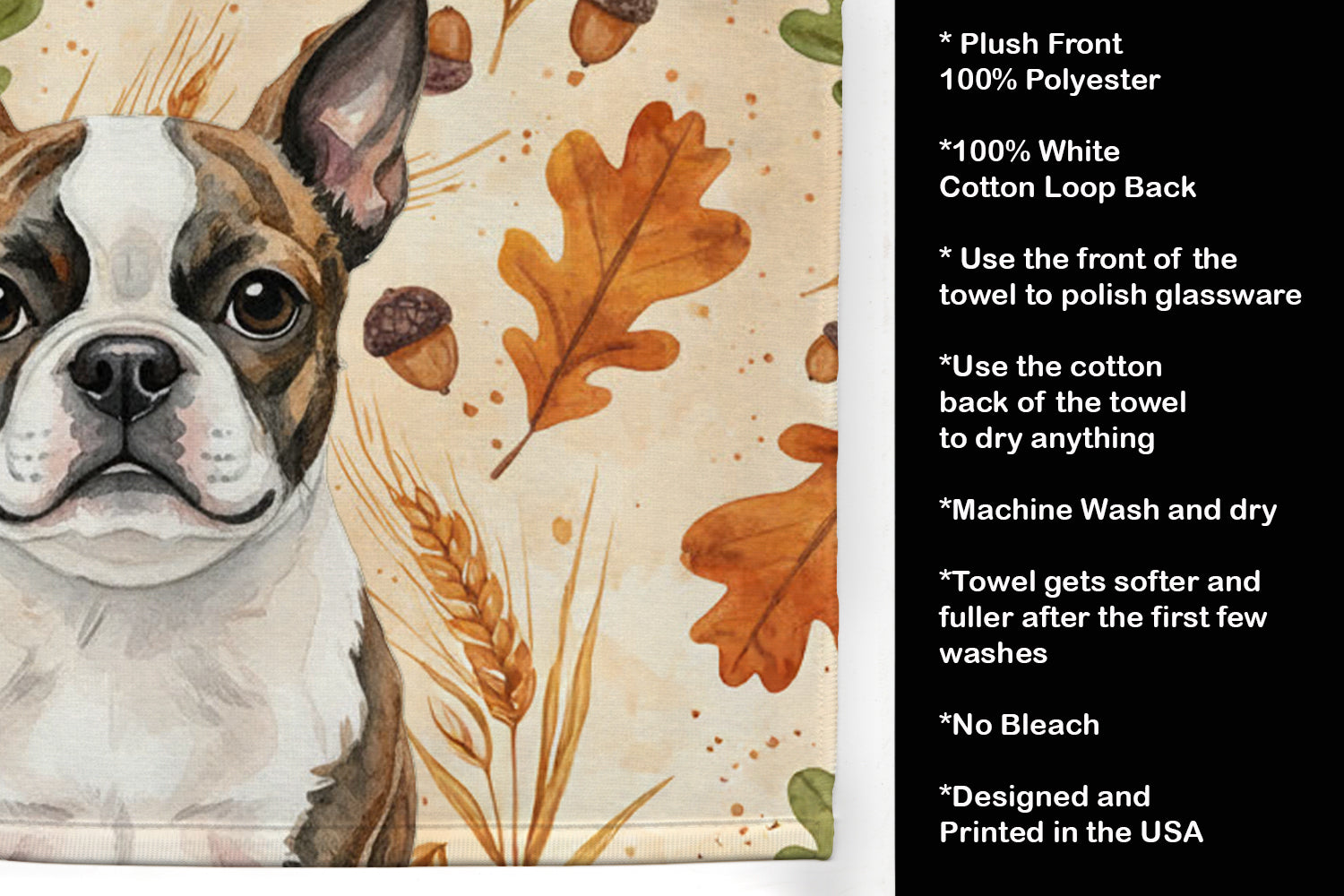 Brindle Boston Terrier Heirloom Fall Kitchen Towel Velour Plush Front and Cotton Loop Back Machine Washable