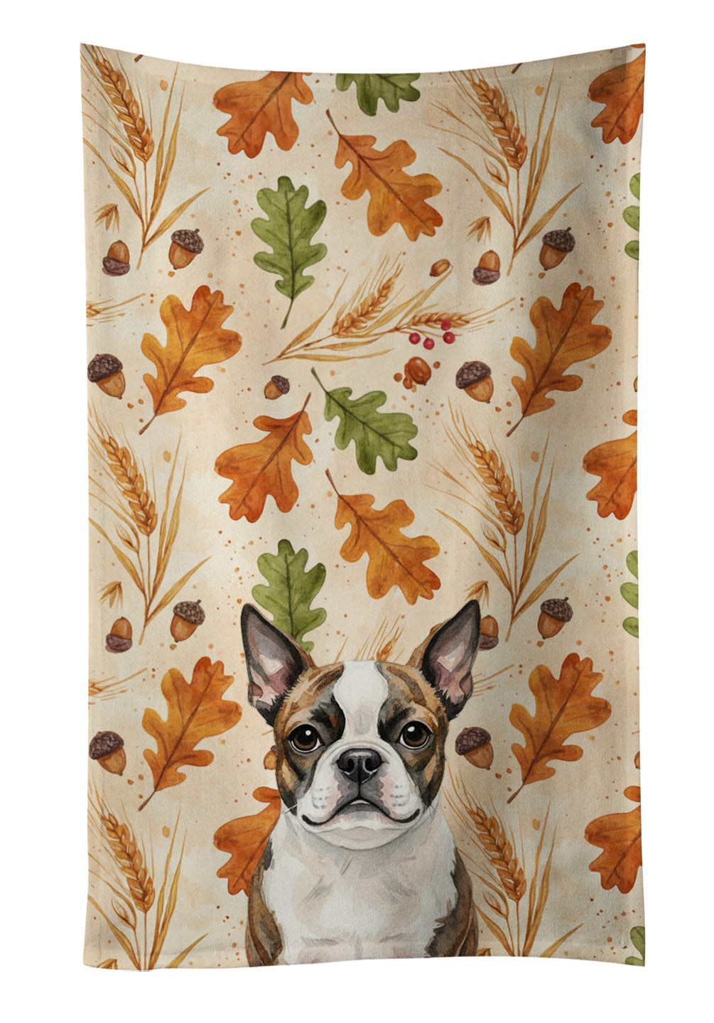 Brindle Boston Terrier Heirloom Fall Kitchen Towel Velour Plush Front and Cotton Loop Back Machine Washable