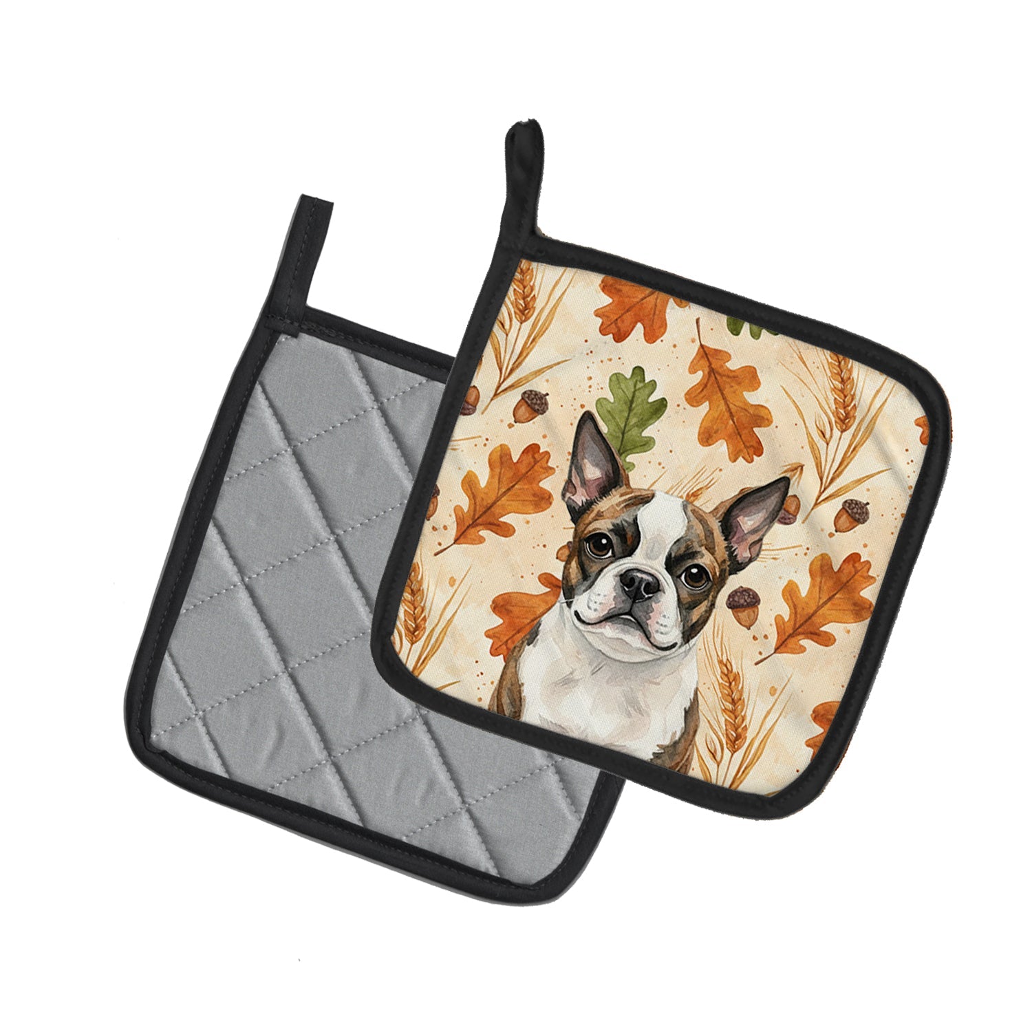 Brindle Boston Terrier Heirloom Fall Pot Holder Set of 2 Heat Resistant Quilted Hot Pads 7.5 x 7.5 Inch, Insulated Kitchen Trivets for Cooking & Baking