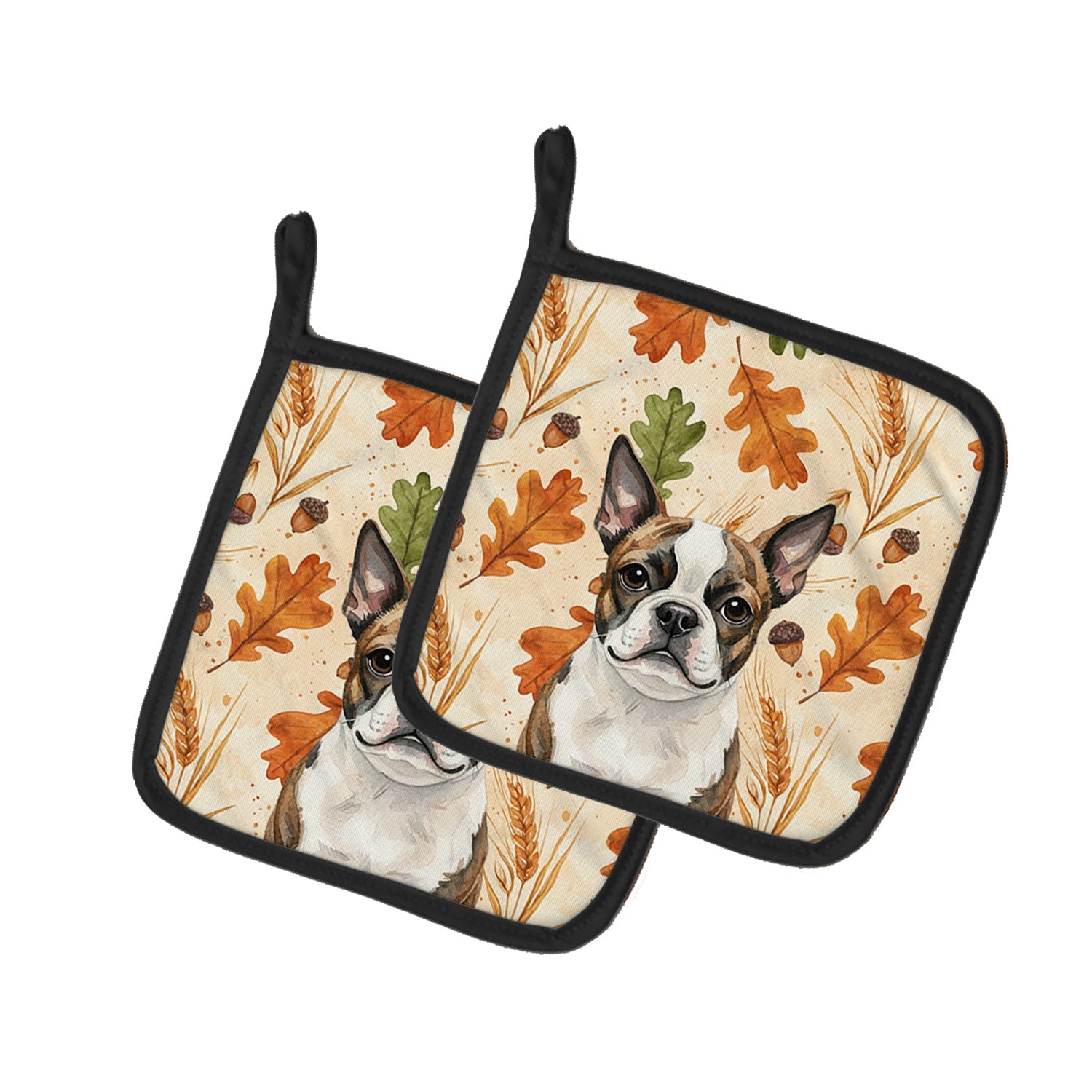 Brindle Boston Terrier Heirloom Fall Pot Holder Set of 2 Heat Resistant Quilted Hot Pads 7.5 x 7.5 Inch, Insulated Kitchen Trivets for Cooking & Baking