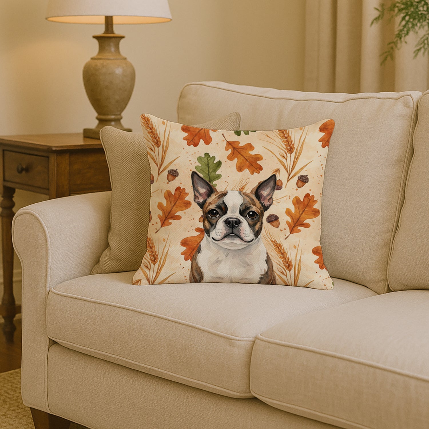 Brindle Boston Terrier Heirloom Fall Decorative Throw Pillow 14x14 Indoor Outdoor Accent Cushion, Fabric Cover with Insert for Sofa, Bed, Porch & Living Room