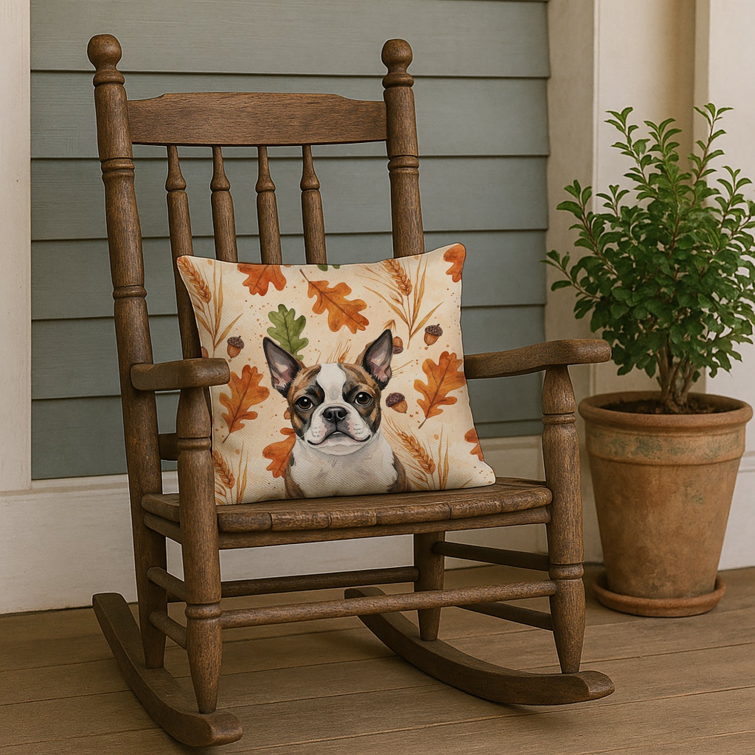 Brindle Boston Terrier Heirloom Fall Decorative Throw Pillow 18x18 Indoor Outdoor Accent Cushion, Fabric Cover with Insert for Sofa, Bed, Porch & Living Room