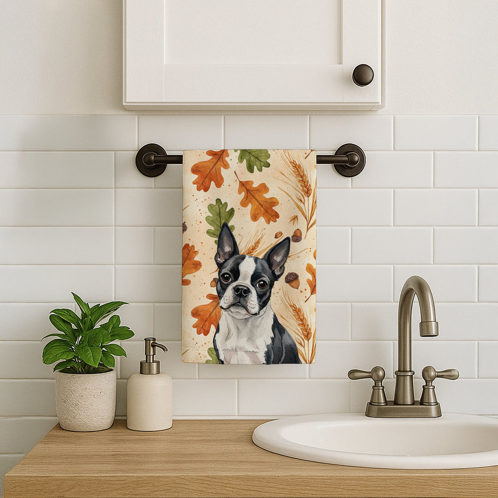 Boston Terrier Heirloom Fall Kitchen Towel Velour Plush Front and Cotton Loop Back Machine Washable