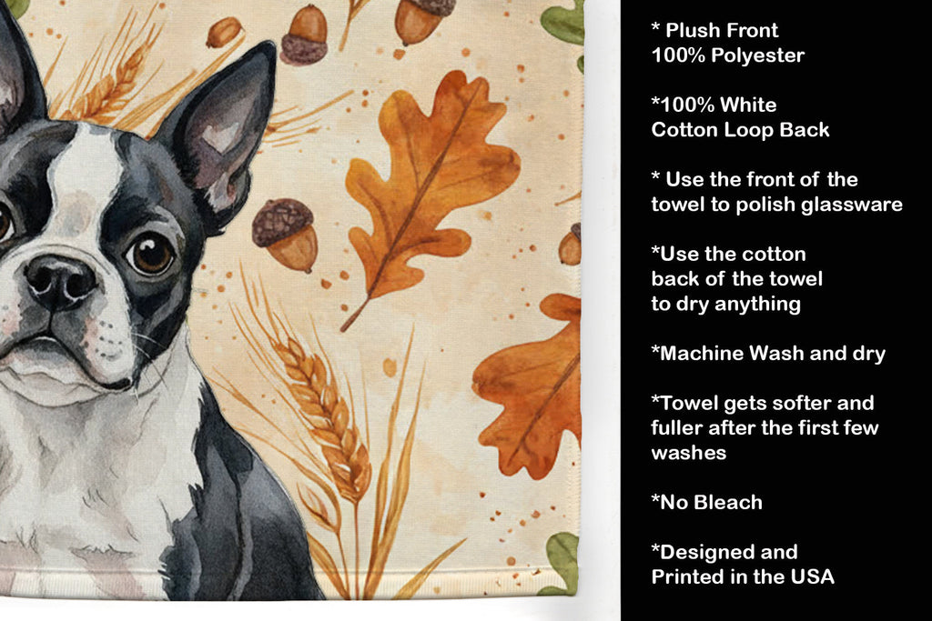 Boston Terrier Heirloom Fall Kitchen Towel Velour Plush Front and Cotton Loop Back Machine Washable