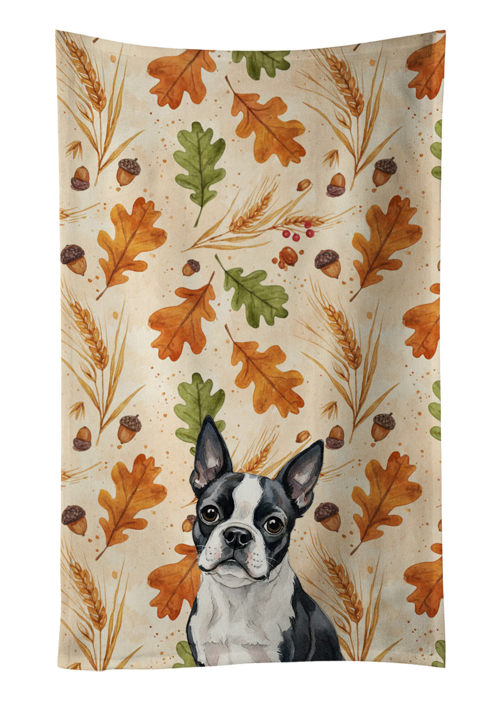 Boston Terrier Heirloom Fall Kitchen Towel Velour Plush Front and Cotton Loop Back Machine Washable