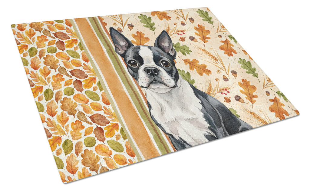 Boston Terrier Heirloom Fall Cutting Board Tempered Glass Kitchen Cutting Surface, Heat Resistant Chopping, Non-Slip Feet, Food Prep & Serving