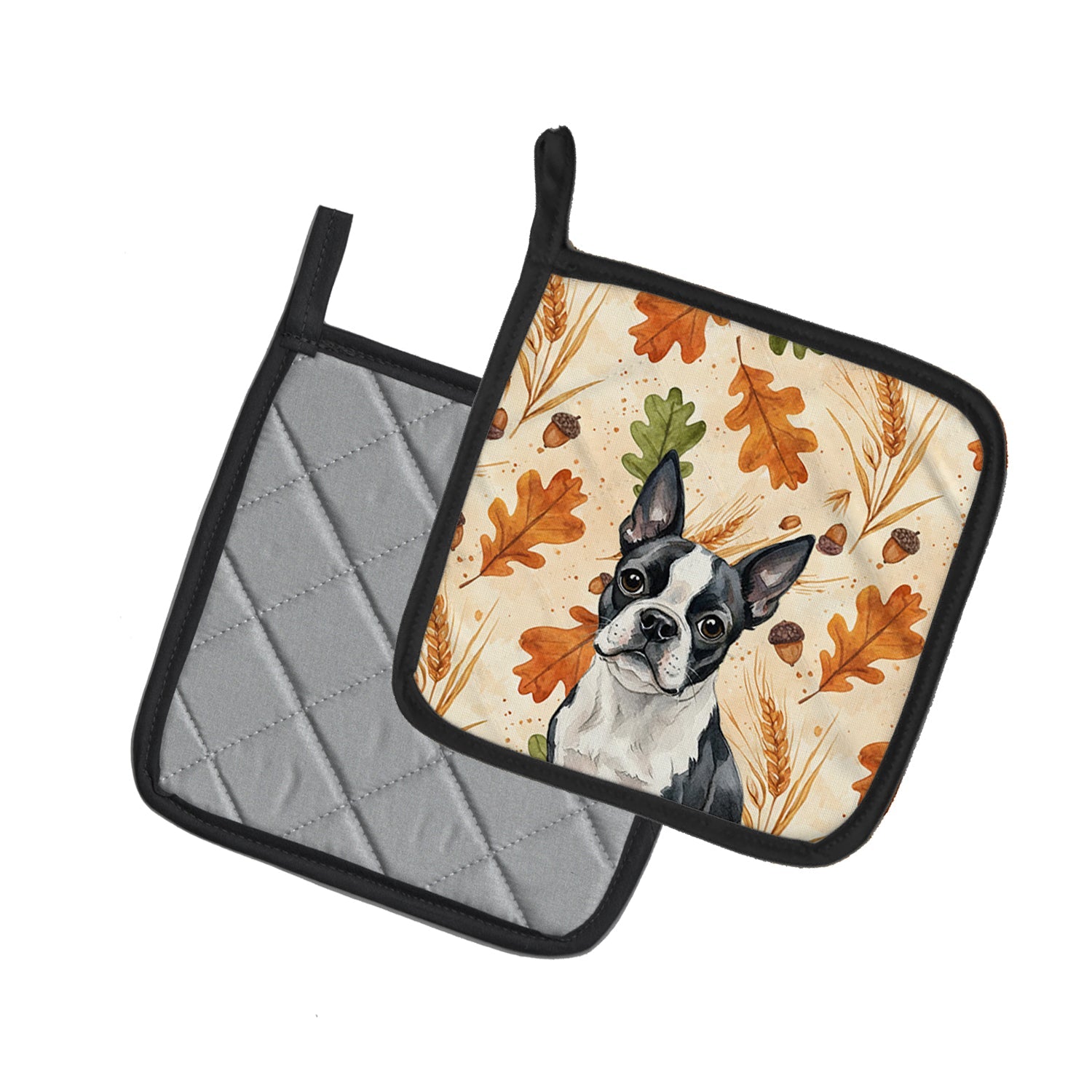 Boston Terrier Heirloom Fall Pot Holder Set of 2 Heat Resistant Quilted Hot Pads 7.5 x 7.5 Inch, Insulated Kitchen Trivets for Cooking & Baking