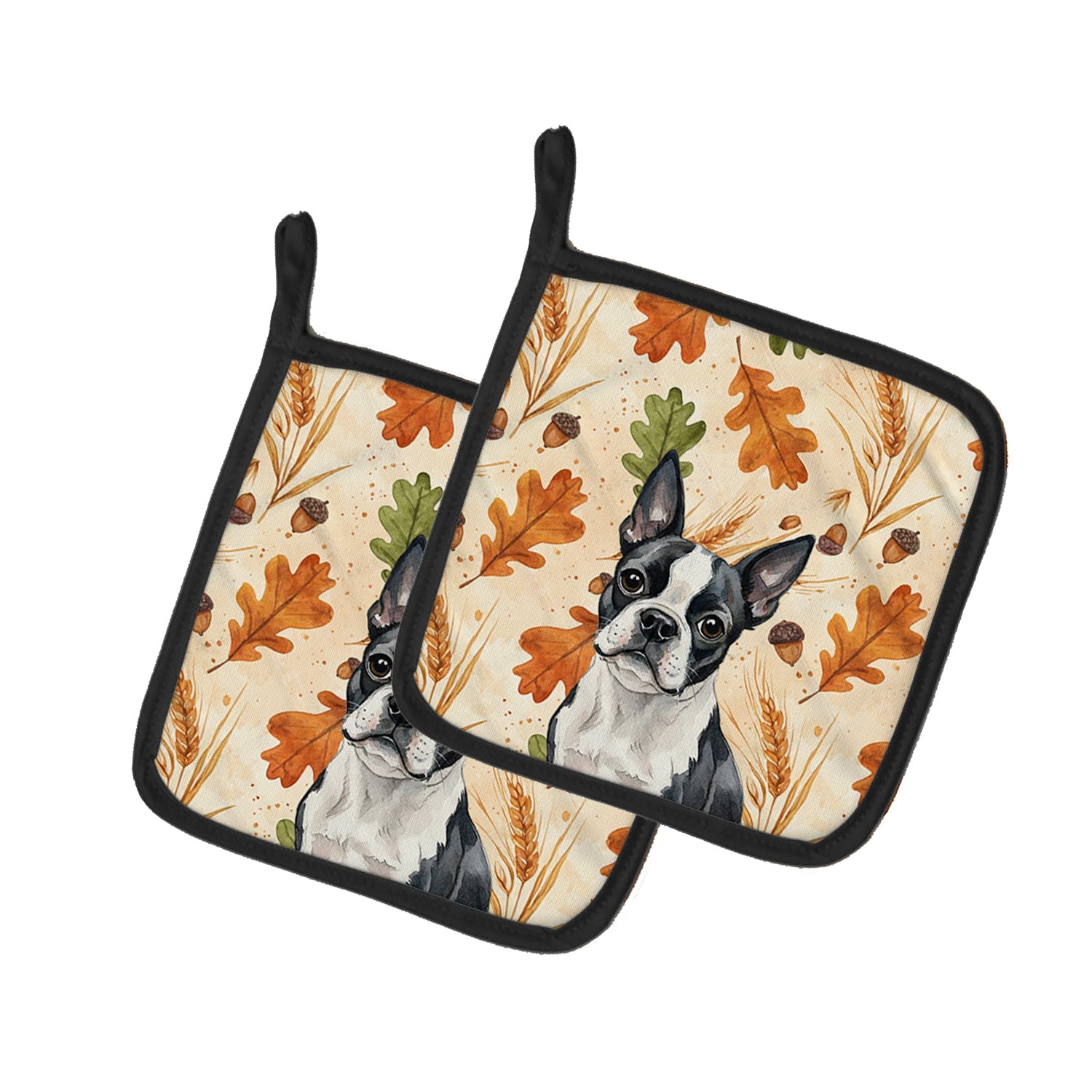 Boston Terrier Heirloom Fall Pot Holder Set of 2 Heat Resistant Quilted Hot Pads 7.5 x 7.5 Inch, Insulated Kitchen Trivets for Cooking & Baking