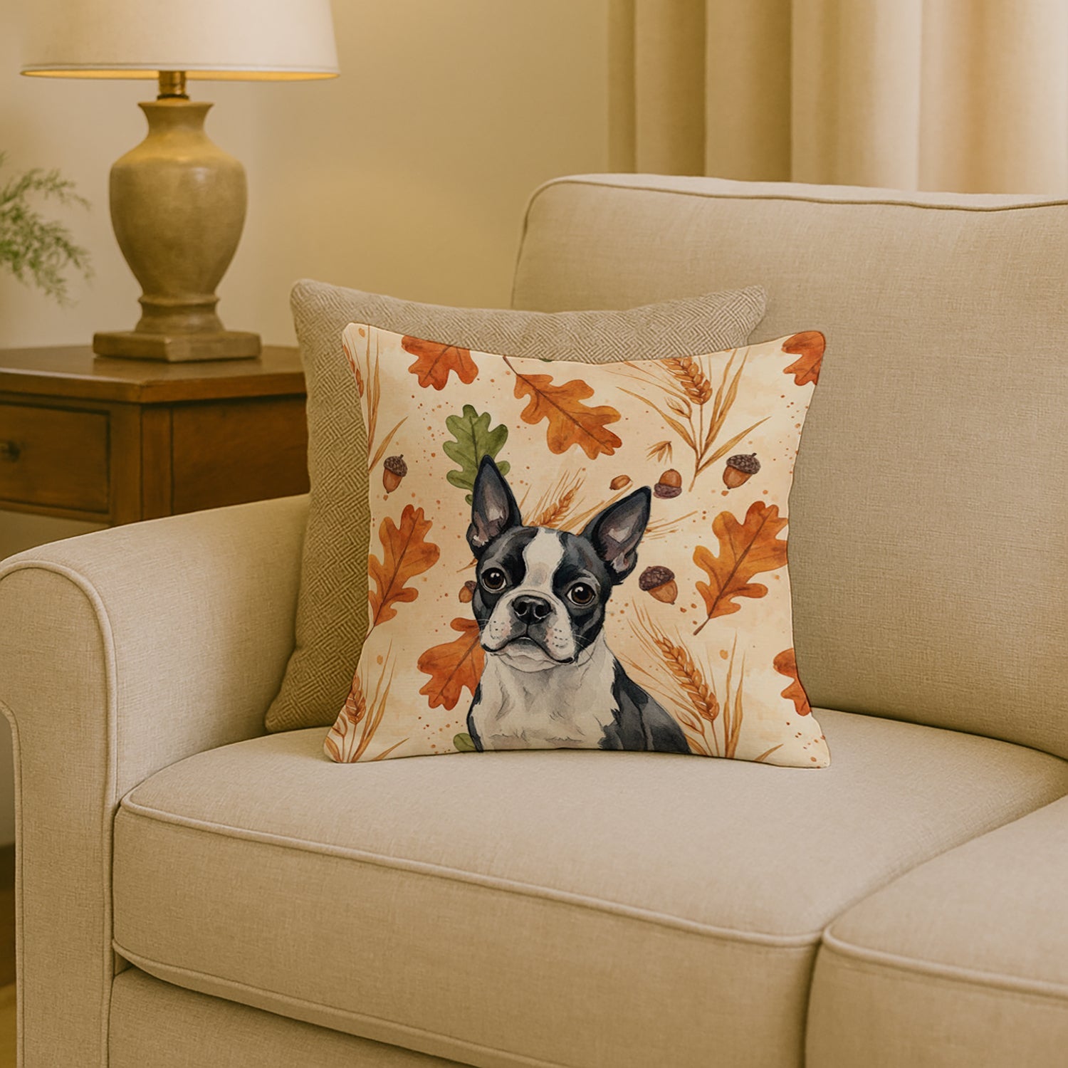 Boston Terrier Heirloom Fall Decorative Throw Pillow 18x18 Indoor Outdoor Accent Cushion, Fabric Cover with Insert for Sofa, Bed, Porch & Living Room