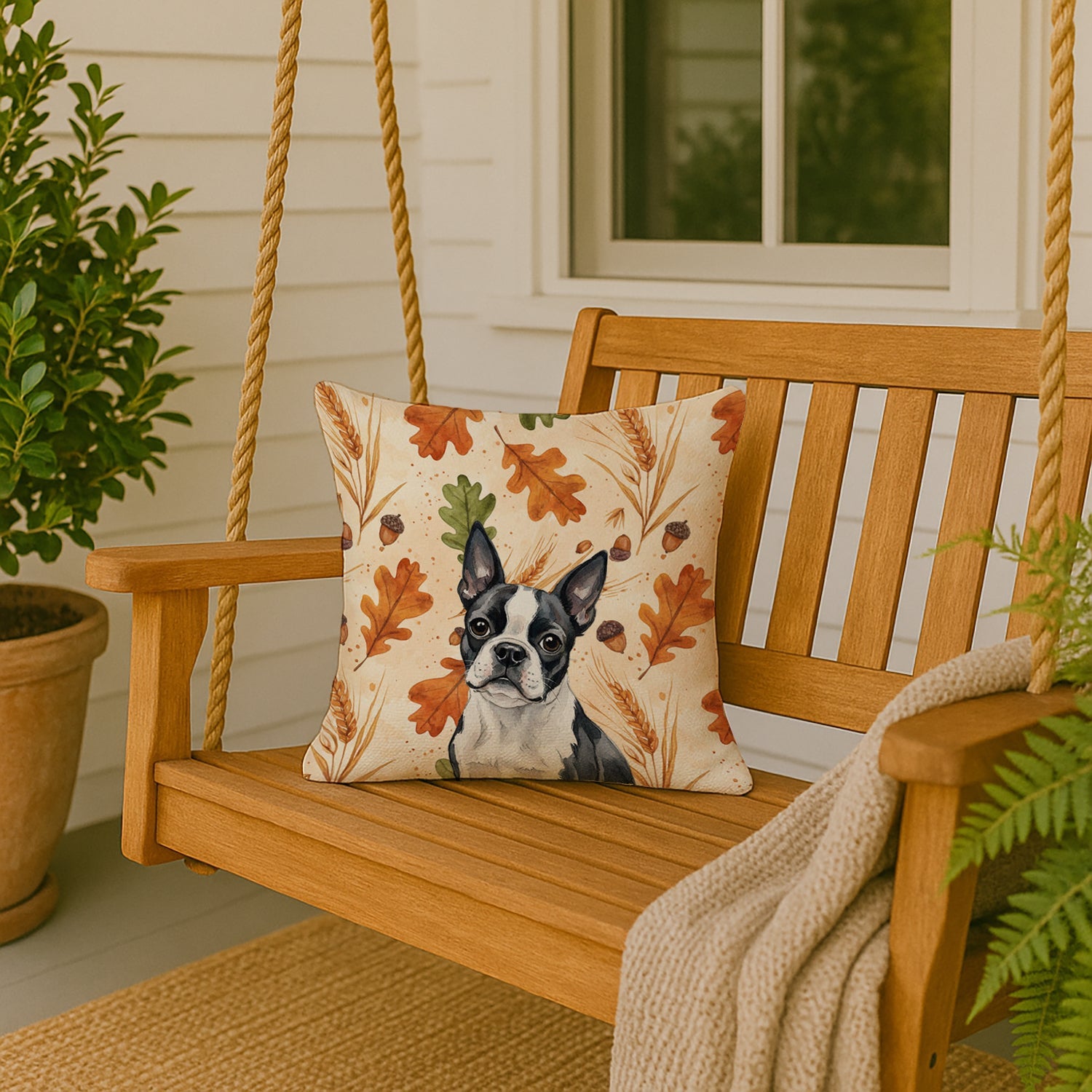 Boston Terrier Heirloom Fall Decorative Throw Pillow 18x18 Indoor Outdoor Accent Cushion, Fabric Cover with Insert for Sofa, Bed, Porch & Living Room