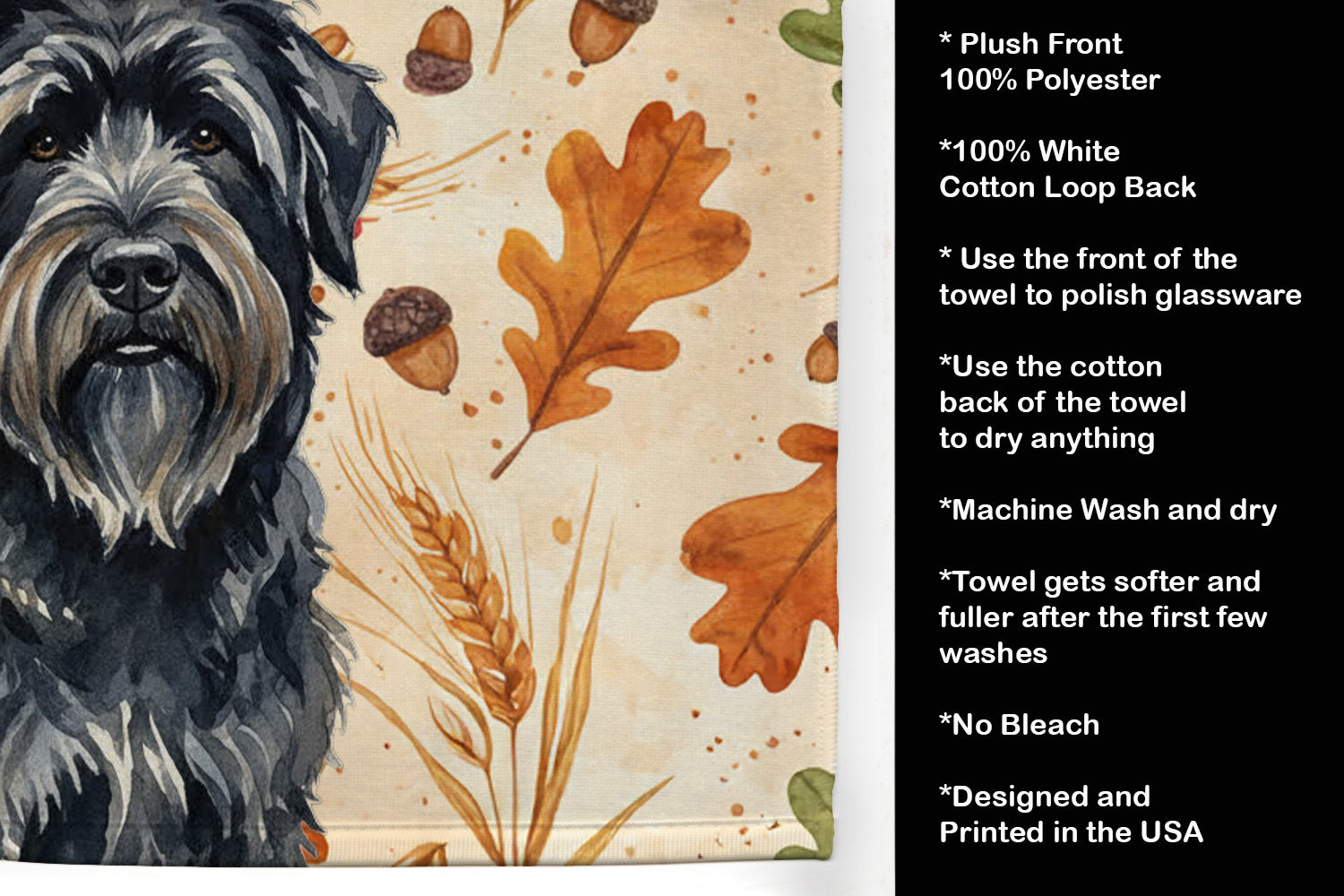 Bouvier des Flandres Heirloom Fall Kitchen Towel Velour Plush Front and Cotton Loop Back Machine Washable