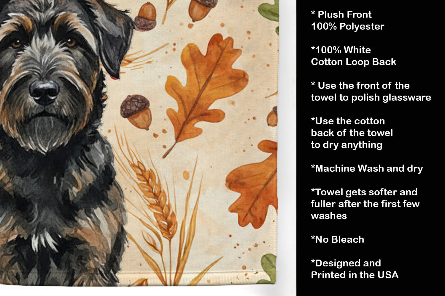 Brindle Bouvier des Flandres Heirloom Fall Kitchen Towel Velour Plush Front and Cotton Loop Back Machine Washable