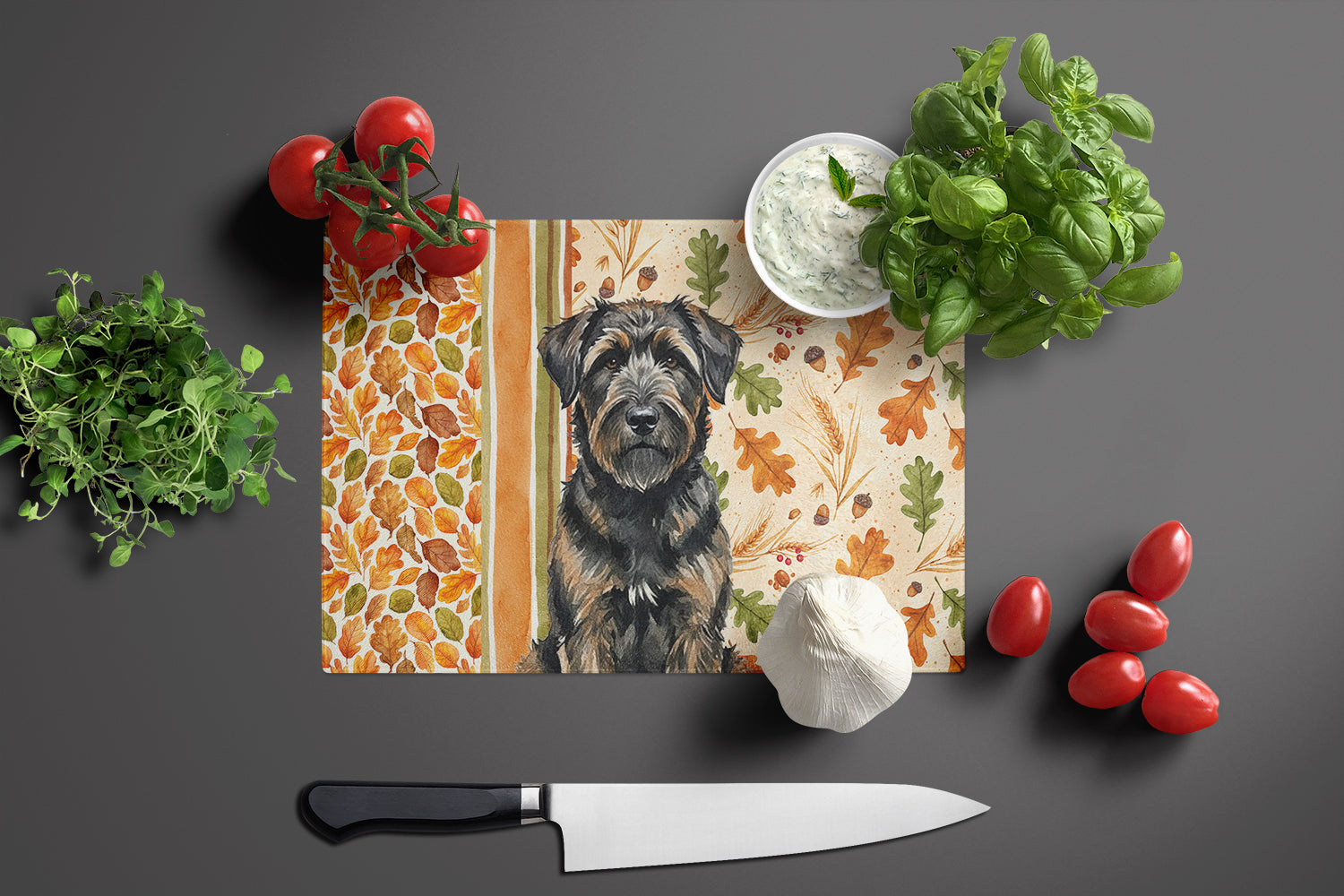 Brindle Bouvier des Flandres Heirloom Fall Cutting Board Tempered Glass Kitchen Cutting Surface, Heat Resistant Chopping, Non-Slip Feet, Food Prep & Serving