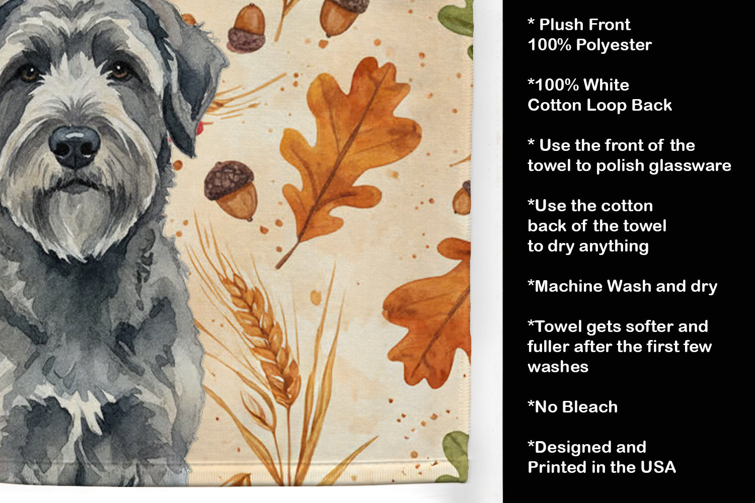 Gray Bouvier des Flandres Heirloom Fall Kitchen Towel Velour Plush Front and Cotton Loop Back Machine Washable