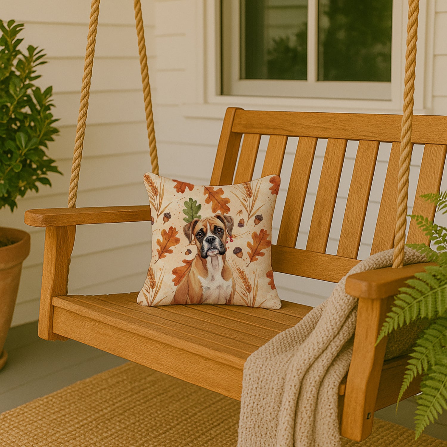 Boxer Heirloom Fall Decorative Throw Pillow 14x14 Indoor Outdoor Accent Cushion, Fabric Cover with Insert for Sofa, Bed, Porch & Living Room