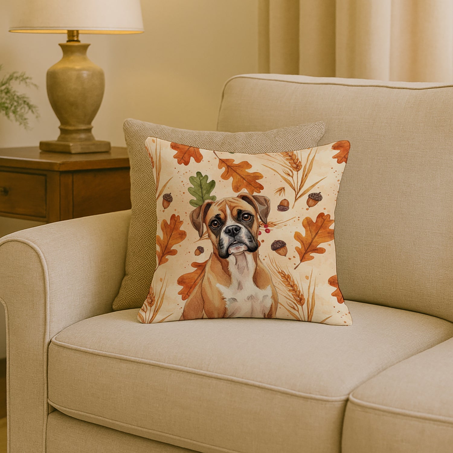 Boxer Heirloom Fall Decorative Throw Pillow 18x18 Indoor Outdoor Accent Cushion, Fabric Cover with Insert for Sofa, Bed, Porch & Living Room