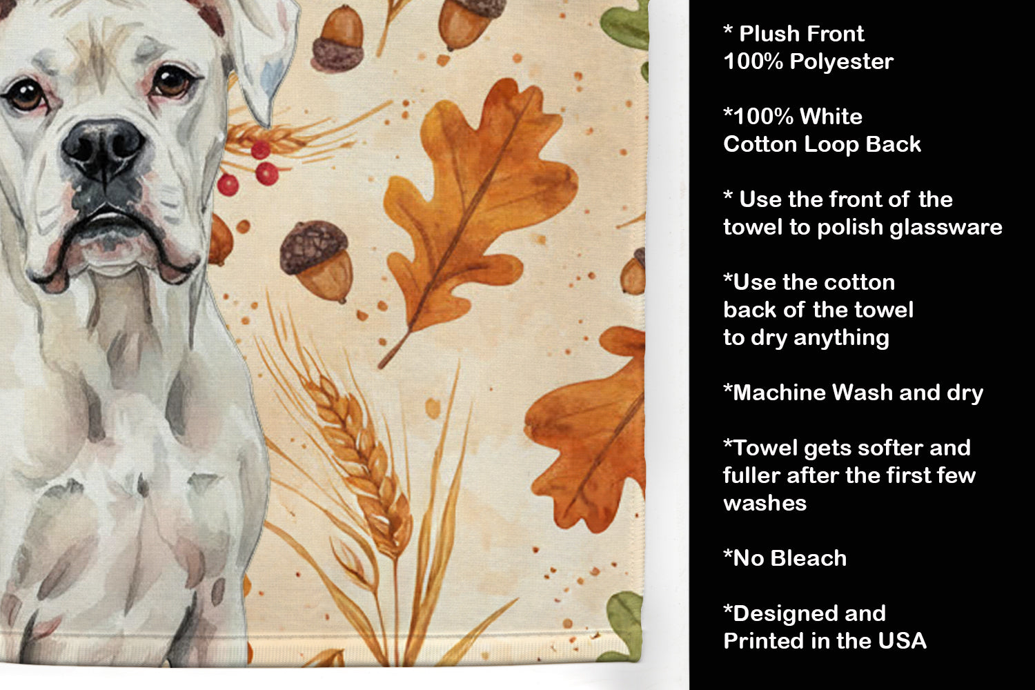 White Boxer Heirloom Fall Kitchen Towel Velour Plush Front and Cotton Loop Back Machine Washable
