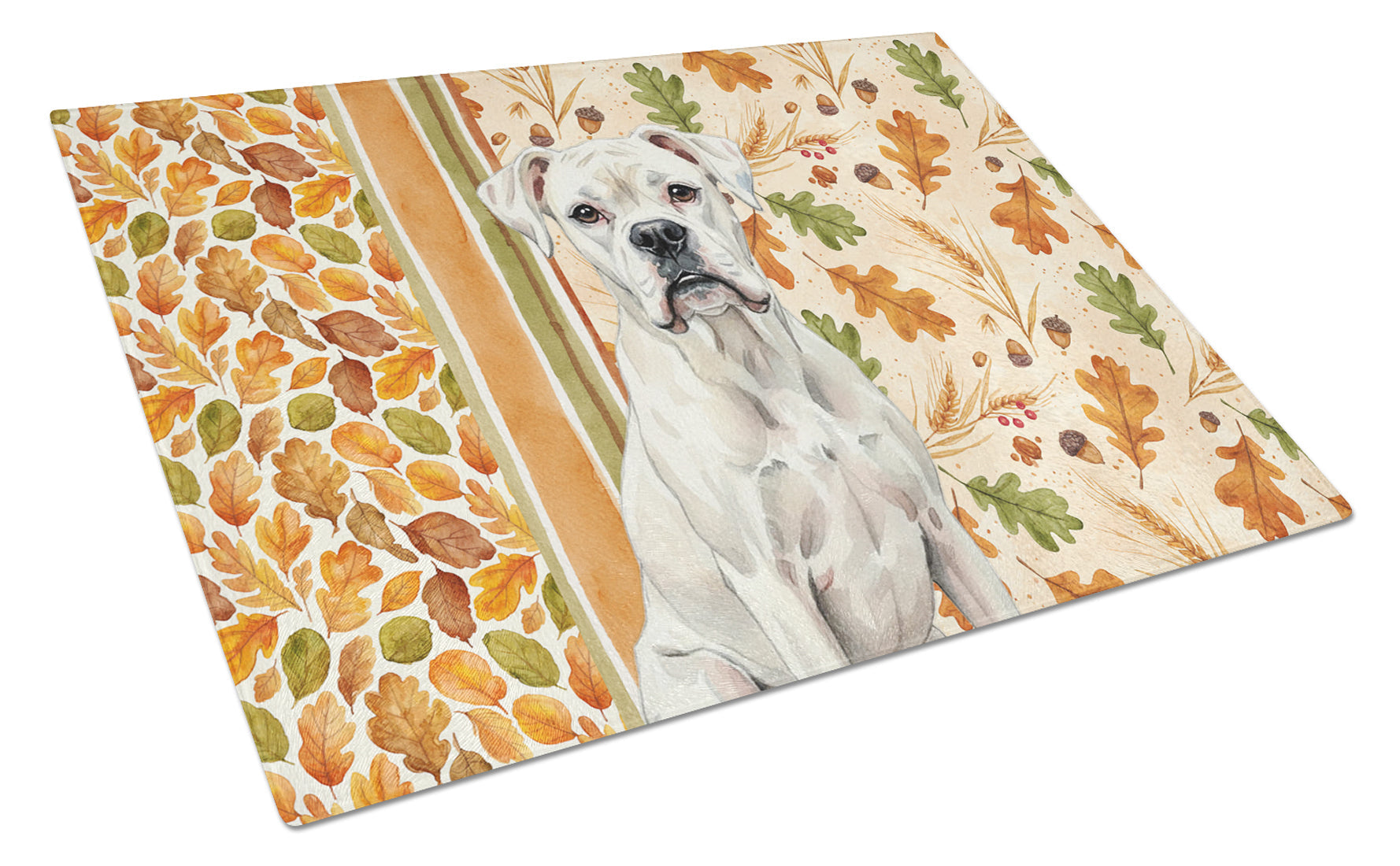 White Boxer Heirloom Fall Cutting Board Tempered Glass Kitchen Cutting Surface, Heat Resistant Chopping, Non-Slip Feet, Food Prep & Serving