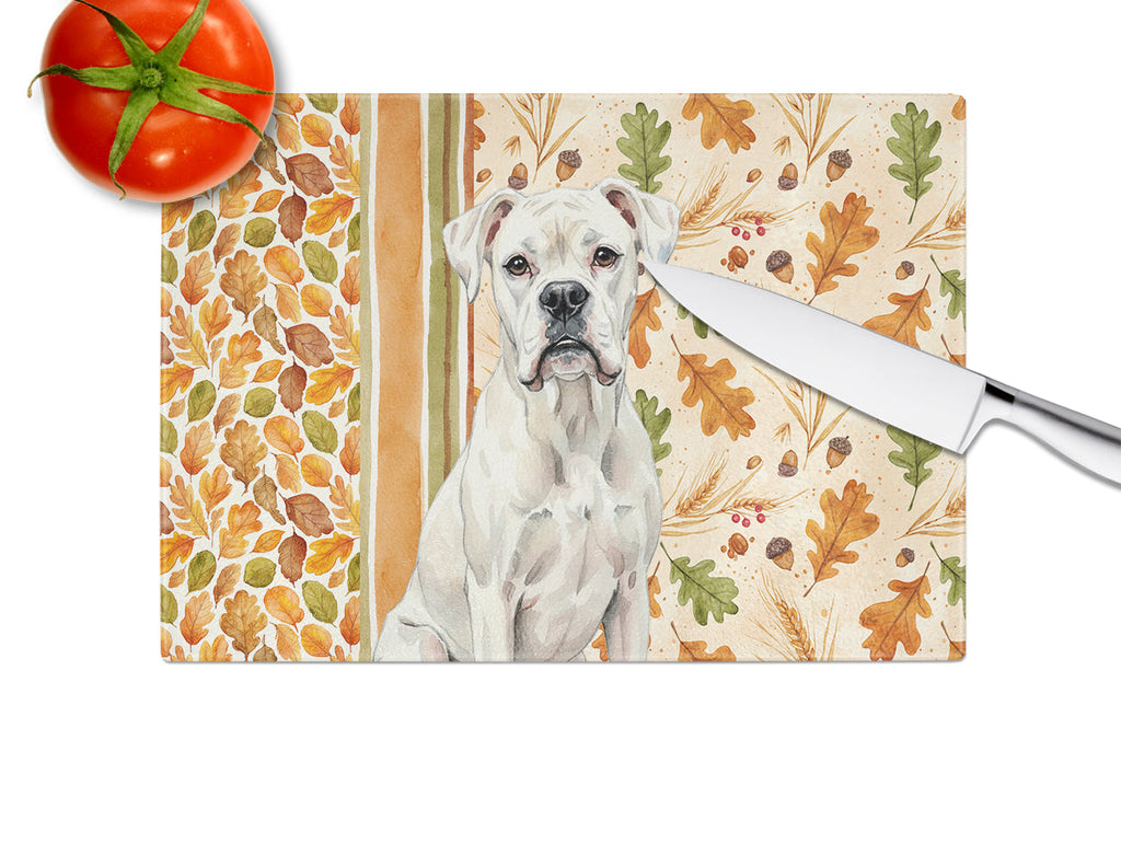 White Boxer Heirloom Fall Cutting Board Tempered Glass Kitchen Cutting Surface, Heat Resistant Chopping, Non-Slip Feet, Food Prep & Serving