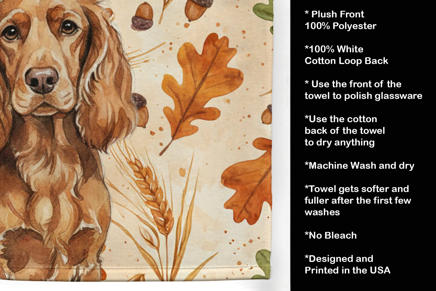 Boykin Spaniel Heirloom Fall Kitchen Towel Velour Plush Front and Cotton Loop Back Machine Washable