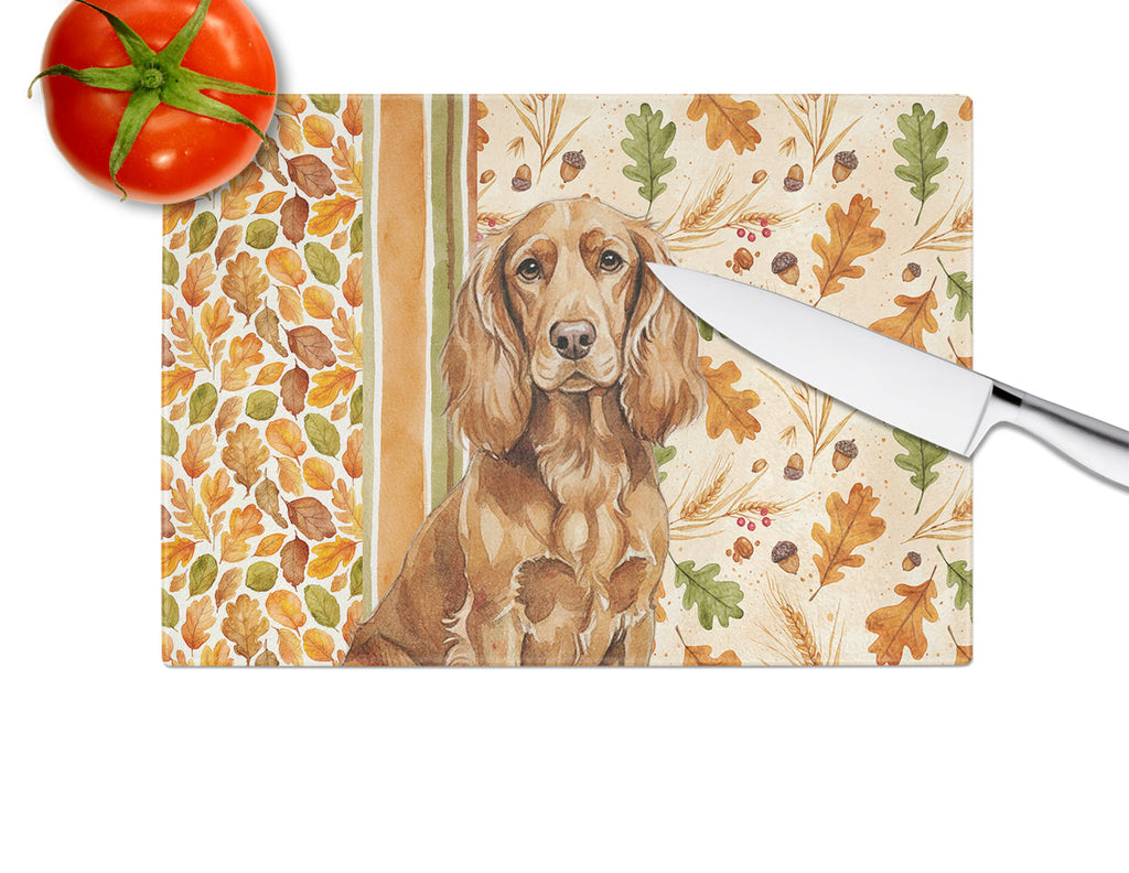 Boykin Spaniel Heirloom Fall Cutting Board Tempered Glass Kitchen Cutting Surface, Heat Resistant Chopping, Non-Slip Feet, Food Prep & Serving