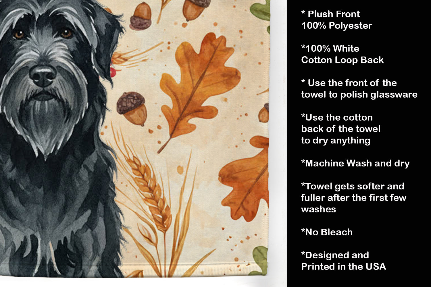 Black Briard Heirloom Fall Kitchen Towel Velour Plush Front and Cotton Loop Back Machine Washable