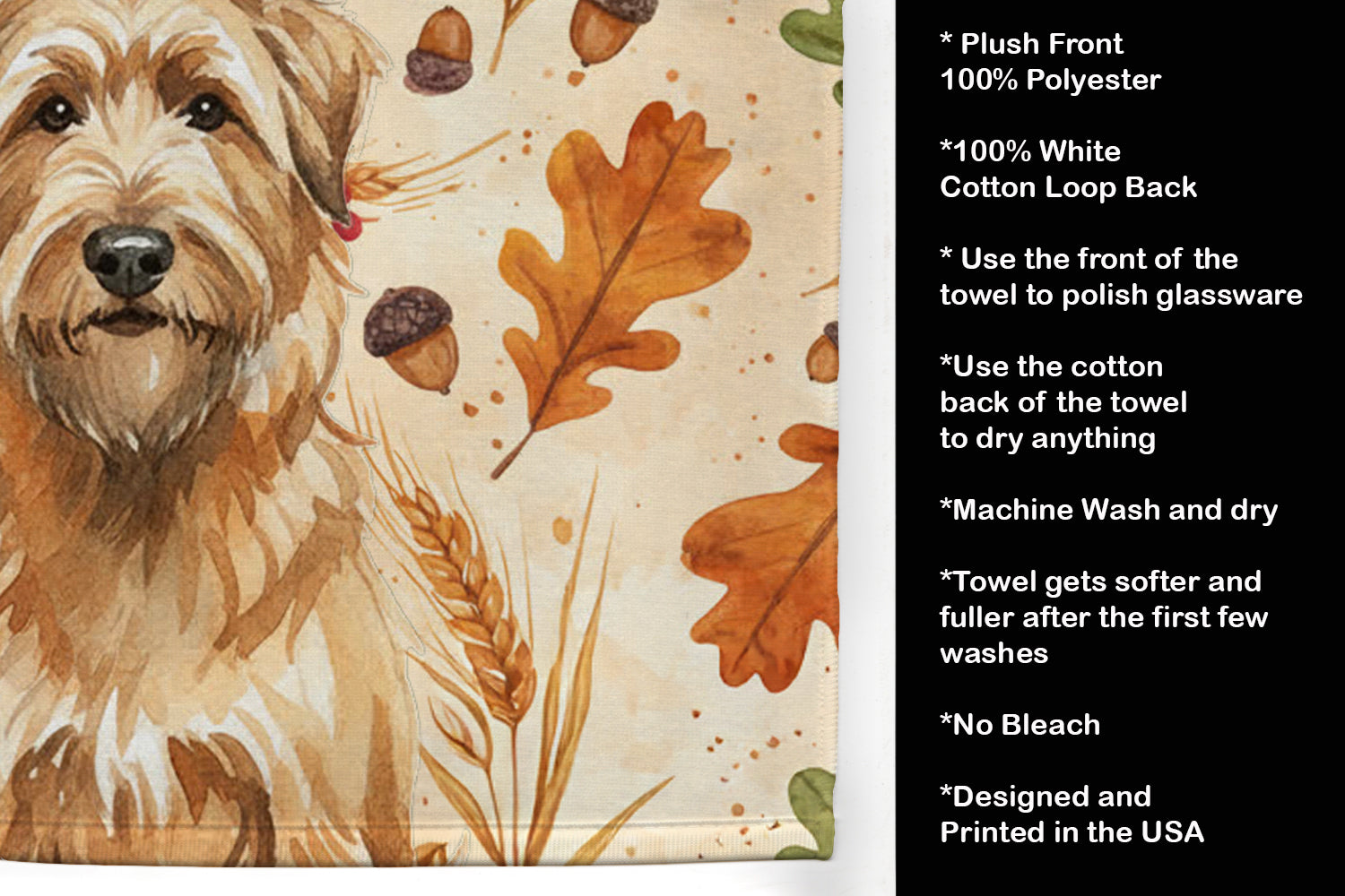Tawny Briard Heirloom Fall Kitchen Towel Velour Plush Front and Cotton Loop Back Machine Washable