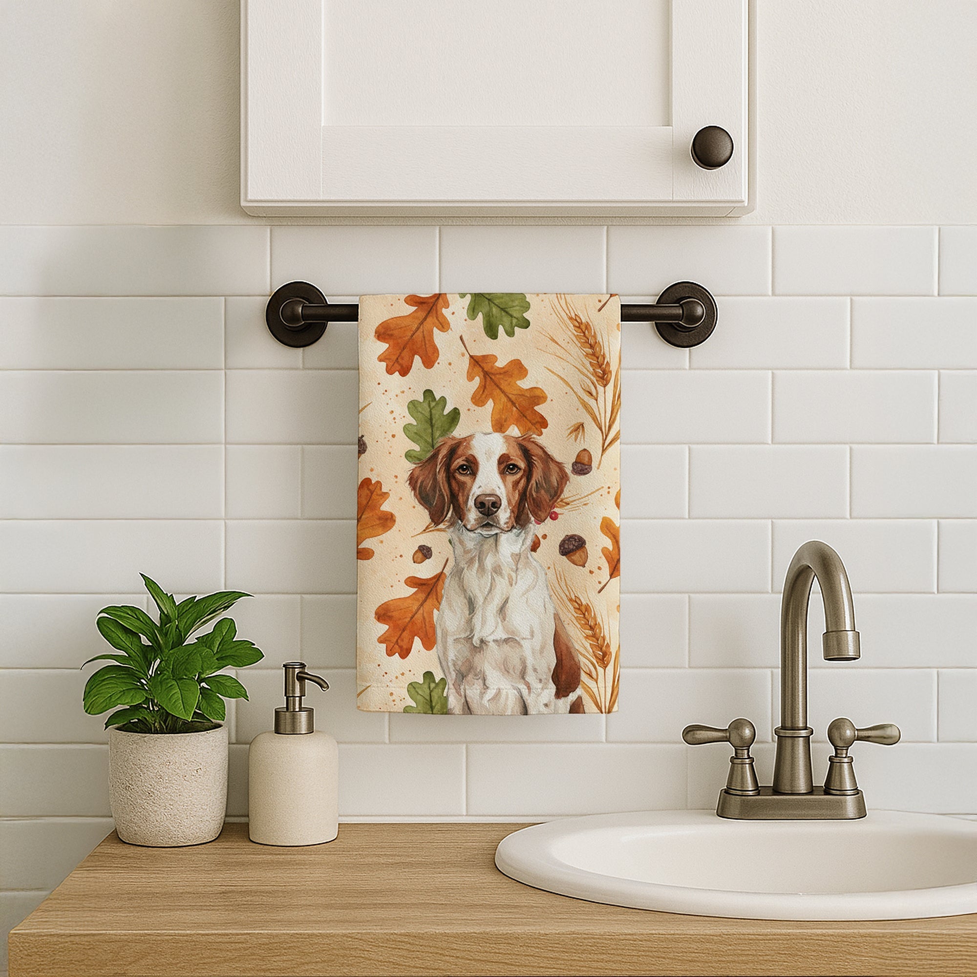 Liver and White Brittany Heirloom Fall Kitchen Towel Velour Plush Front and Cotton Loop Back Machine Washable