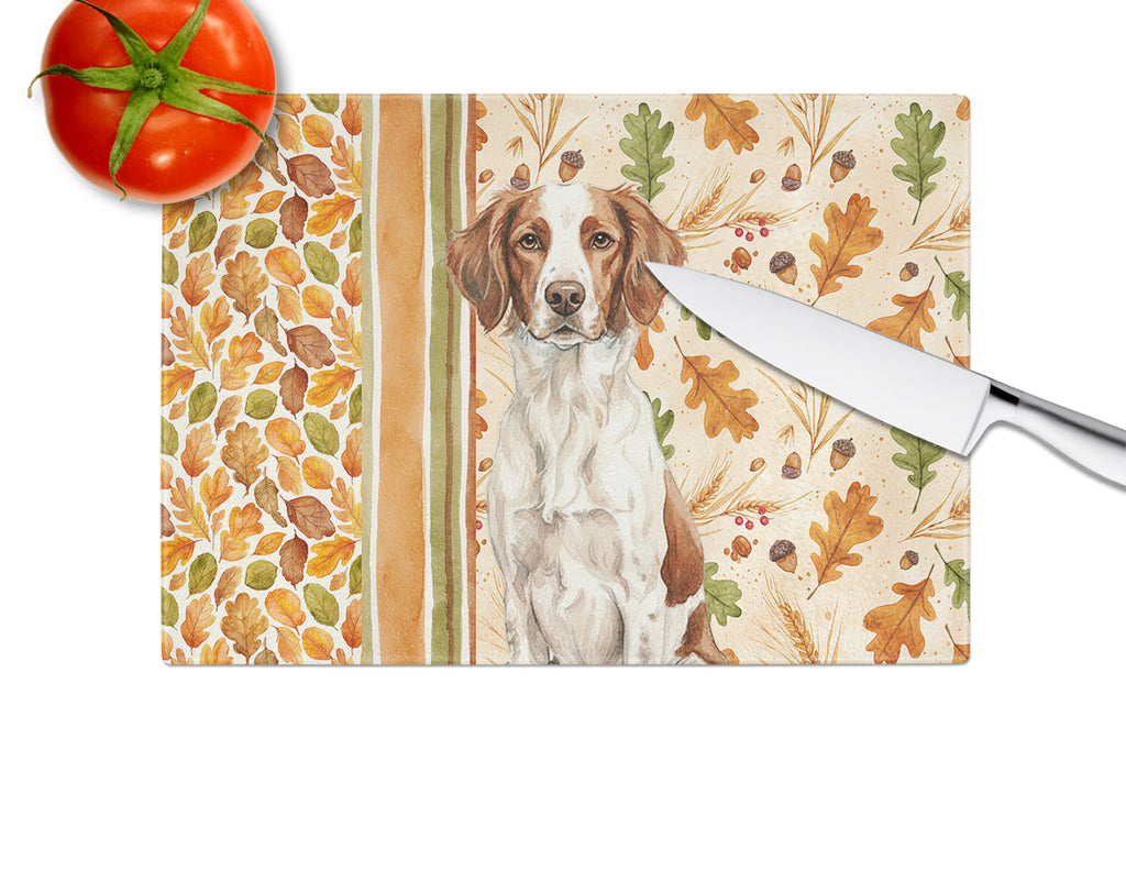 Liver and White Brittany Heirloom Fall Cutting Board Tempered Glass Kitchen Cutting Surface, Heat Resistant Chopping, Non-Slip Feet, Food Prep & Serving