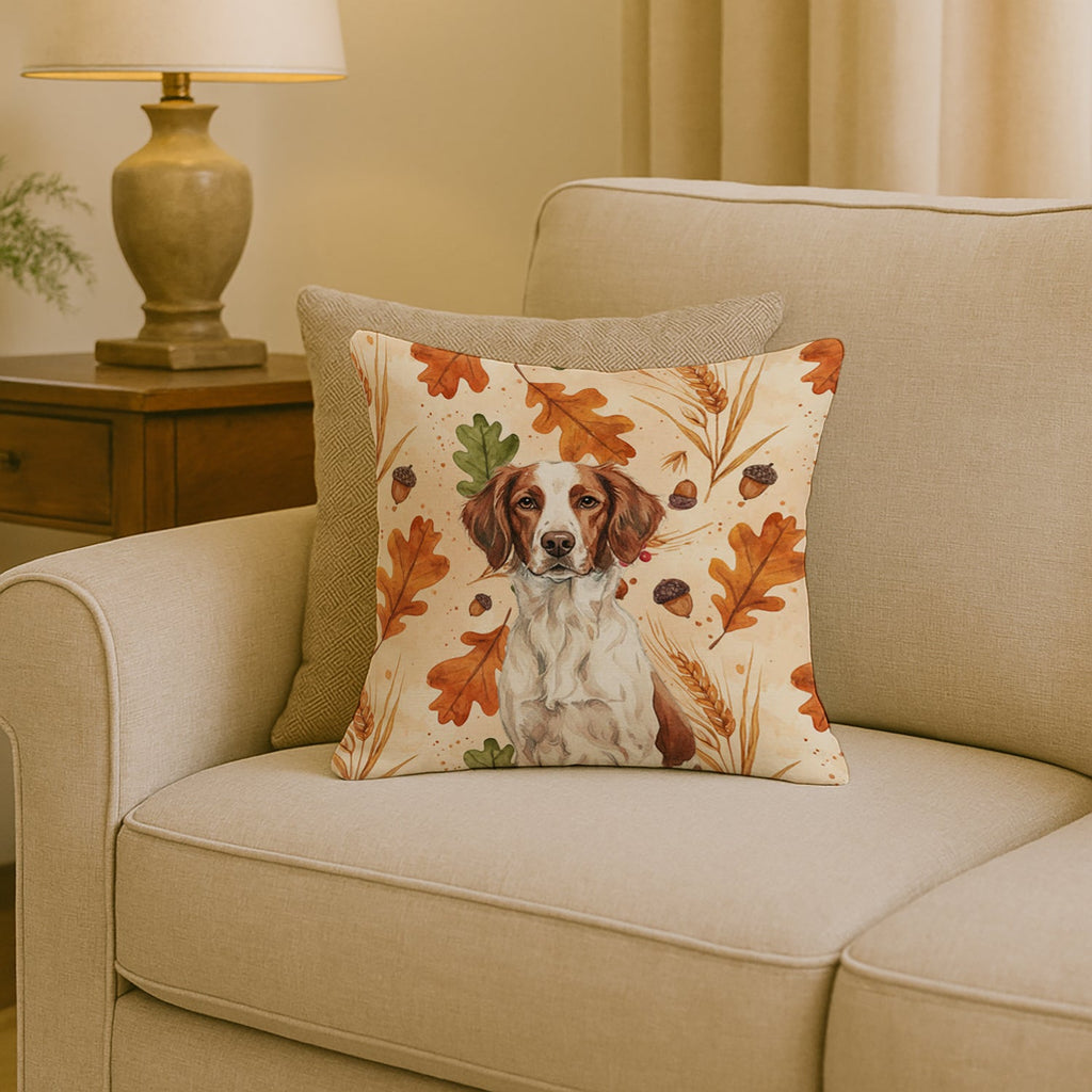 Liver and White Brittany Heirloom Fall Decorative Throw Pillow 18x18 Indoor Outdoor Accent Cushion, Fabric Cover with Insert for Sofa, Bed, Porch & Living Room