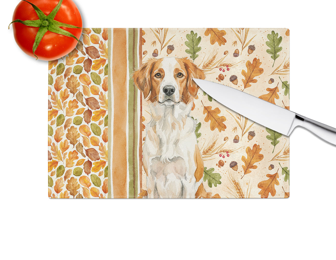 Orange and White Brittany Heirloom Fall Cutting Board Tempered Glass Kitchen Cutting Surface, Heat Resistant Chopping, Non-Slip Feet, Food Prep & Serving