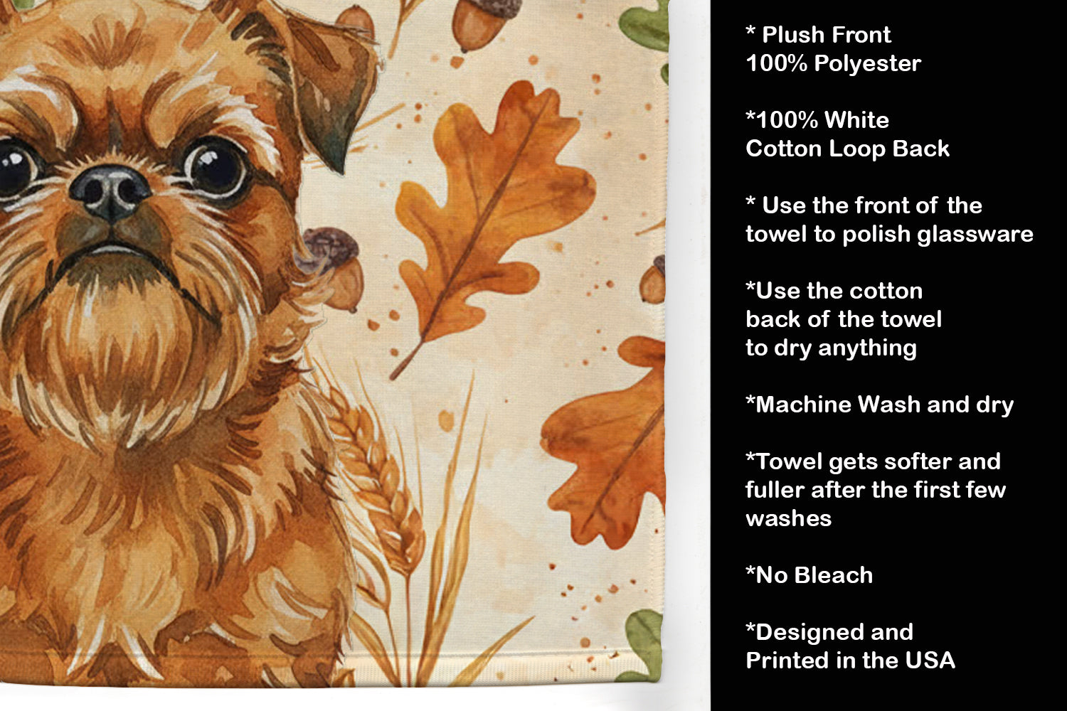 Belge Brussels Griffon Heirloom Fall Kitchen Towel Velour Plush Front and Cotton Loop Back Machine Washable