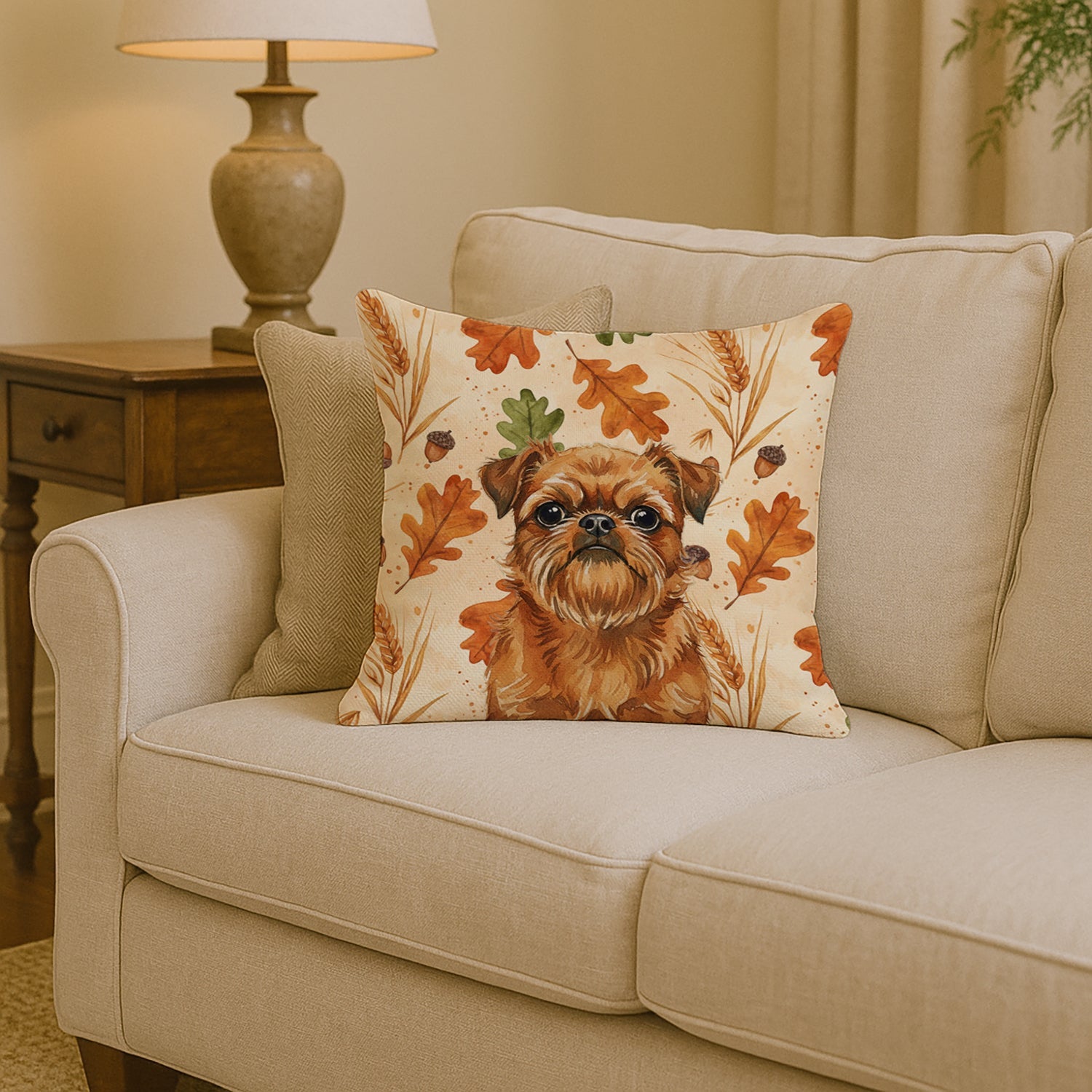 Belge Brussels Griffon Heirloom Fall Decorative Throw Pillow 14x14 Indoor Outdoor Accent Cushion, Fabric Cover with Insert for Sofa, Bed, Porch & Living Room