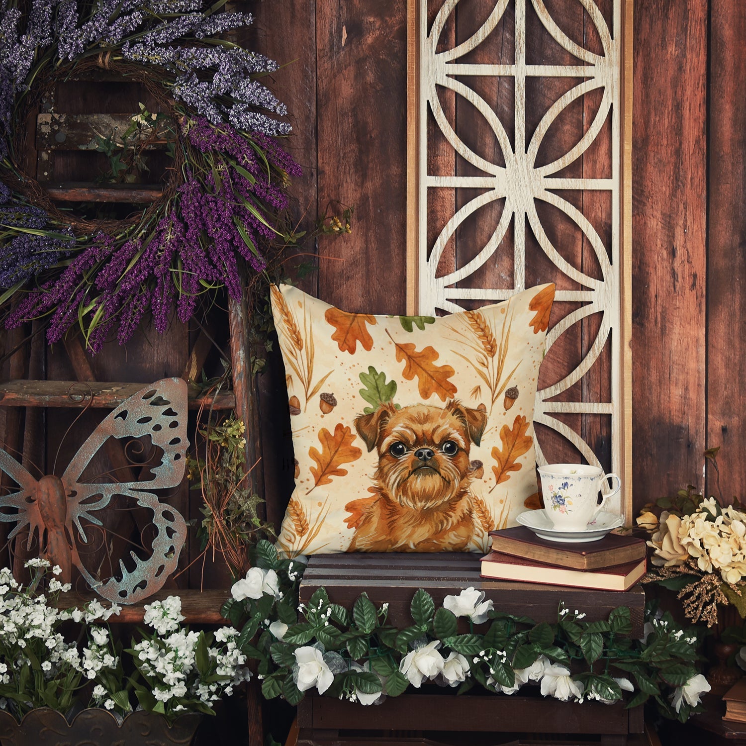 Belge Brussels Griffon Heirloom Fall Decorative Throw Pillow 18x18 Indoor Outdoor Accent Cushion, Fabric Cover with Insert for Sofa, Bed, Porch & Living Room