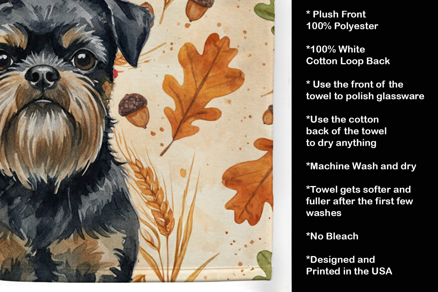 Black and Tan Brussels Griffon Heirloom Fall Kitchen Towel Velour Plush Front and Cotton Loop Back Machine Washable