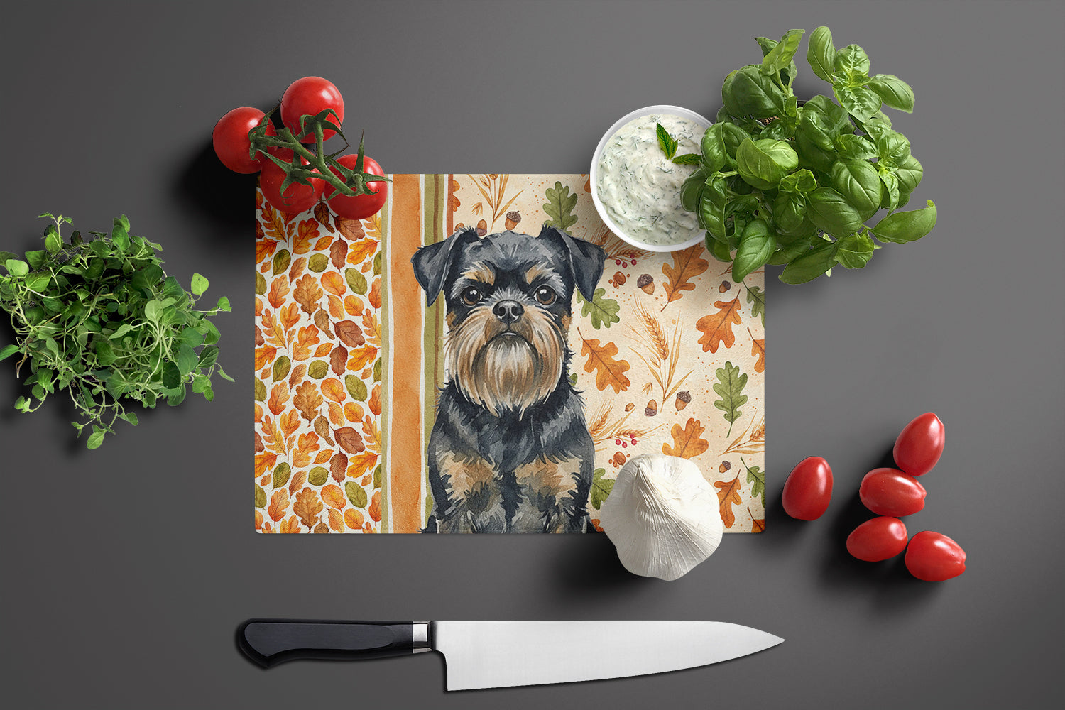 Black and Tan Brussels Griffon Heirloom Fall Cutting Board Tempered Glass Kitchen Cutting Surface, Heat Resistant Chopping, Non-Slip Feet, Food Prep & Serving