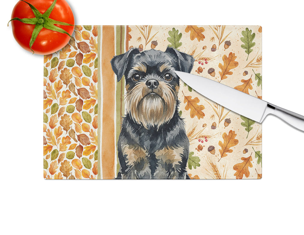 Black and Tan Brussels Griffon Heirloom Fall Cutting Board Tempered Glass Kitchen Cutting Surface, Heat Resistant Chopping, Non-Slip Feet, Food Prep & Serving