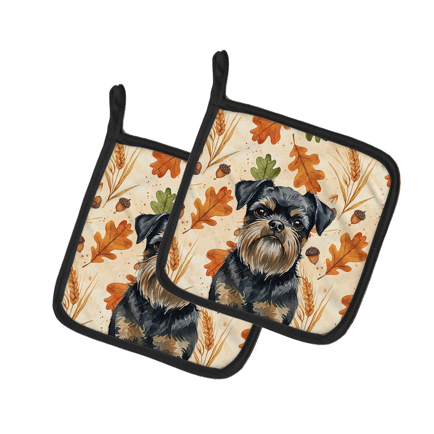 Black and Tan Brussels Griffon Heirloom Fall Pot Holder Set of 2 Heat Resistant Quilted Hot Pads 7.5 x 7.5 Inch, Insulated Kitchen Trivets for Cooking & Baking