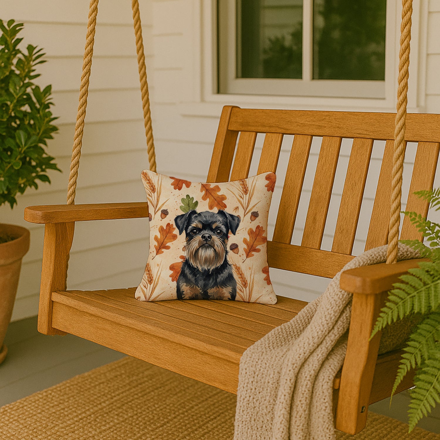 Black and Tan Brussels Griffon Heirloom Fall Decorative Throw Pillow 14x14 Indoor Outdoor Accent Cushion, Fabric Cover with Insert for Sofa, Bed, Porch & Living Room