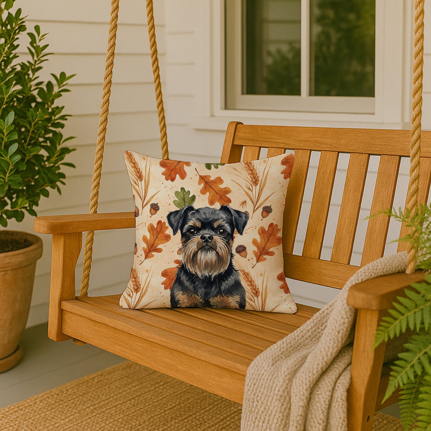 Black and Tan Brussels Griffon Heirloom Fall Decorative Throw Pillow 18x18 Indoor Outdoor Accent Cushion, Fabric Cover with Insert for Sofa, Bed, Porch & Living Room
