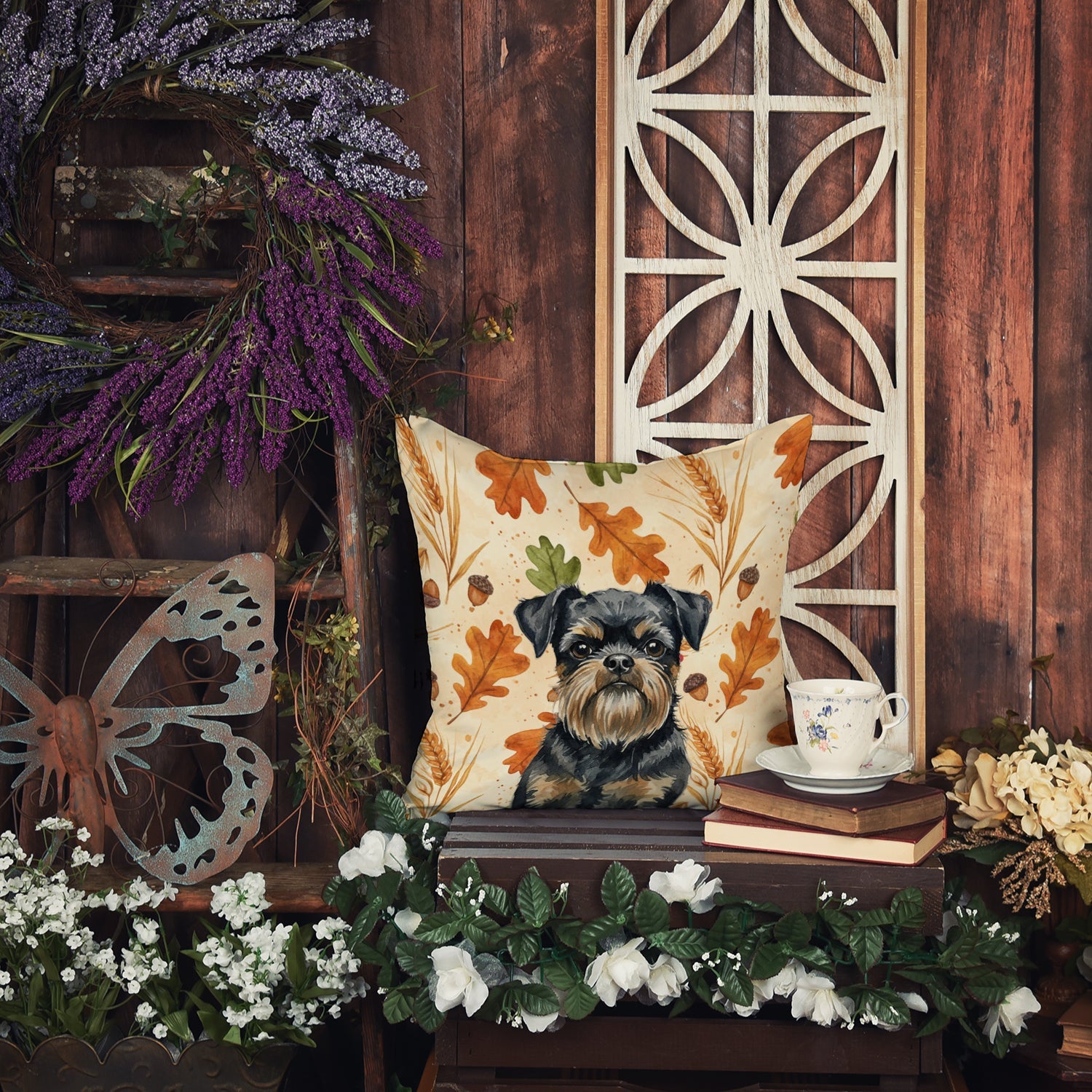Black and Tan Brussels Griffon Heirloom Fall Decorative Throw Pillow 18x18 Indoor Outdoor Accent Cushion, Fabric Cover with Insert for Sofa, Bed, Porch & Living Room