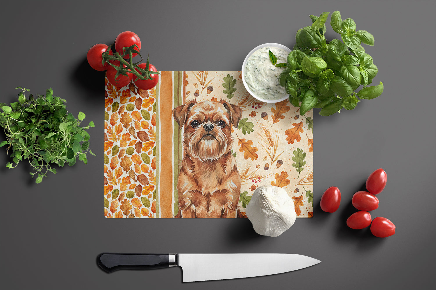Red Brussels Griffon Heirloom Fall Cutting Board Tempered Glass Kitchen Cutting Surface, Heat Resistant Chopping, Non-Slip Feet, Food Prep & Serving