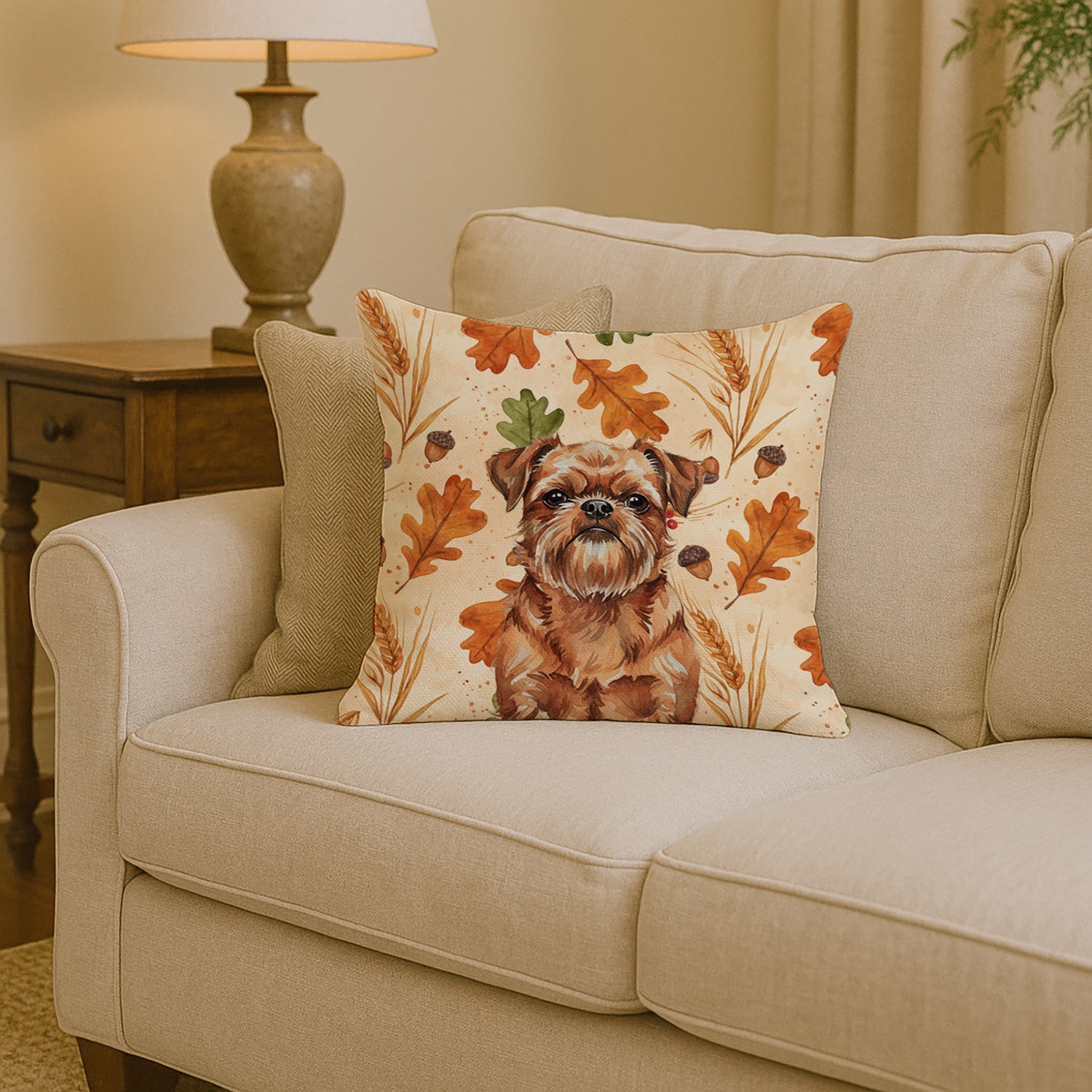Red Brussels Griffon Heirloom Fall Decorative Throw Pillow 14x14 Indoor Outdoor Accent Cushion, Fabric Cover with Insert for Sofa, Bed, Porch & Living Room