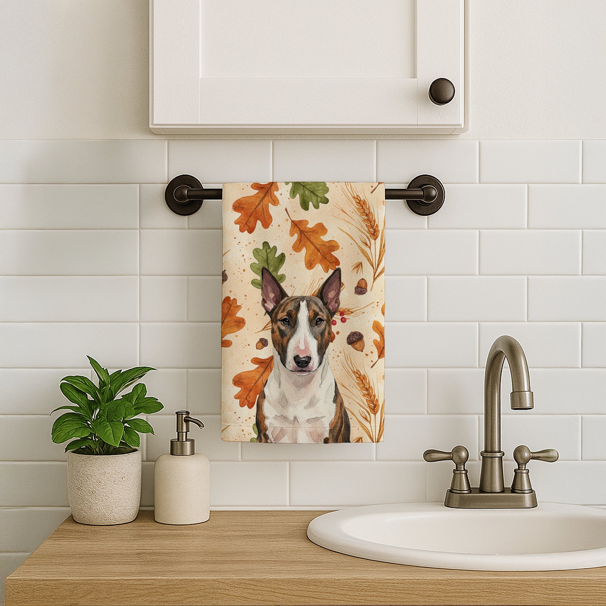 Brindle and White Bull Terrier Heirloom Fall Kitchen Towel Velour Plush Front and Cotton Loop Back Machine Washable