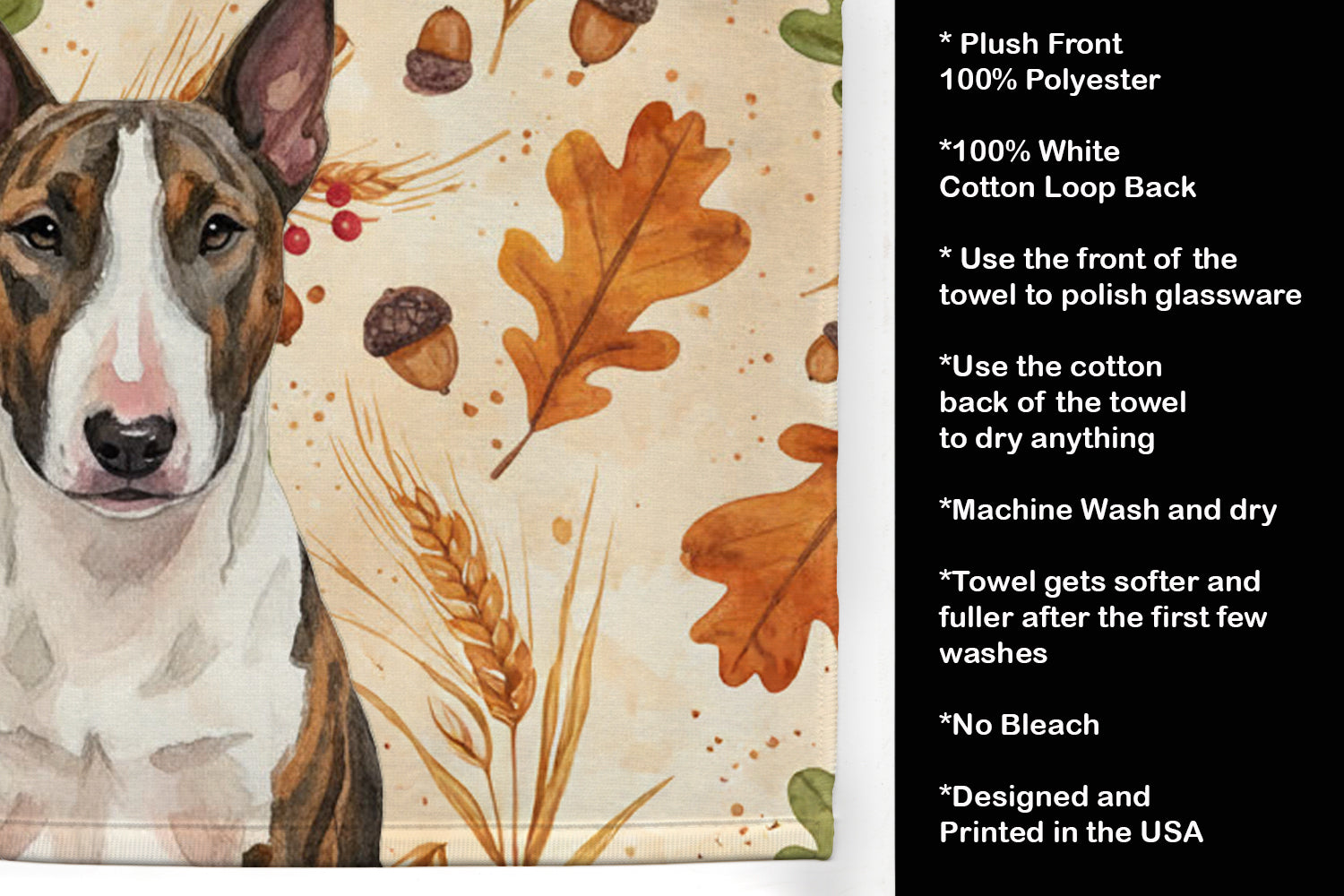Brindle and White Bull Terrier Heirloom Fall Kitchen Towel Velour Plush Front and Cotton Loop Back Machine Washable
