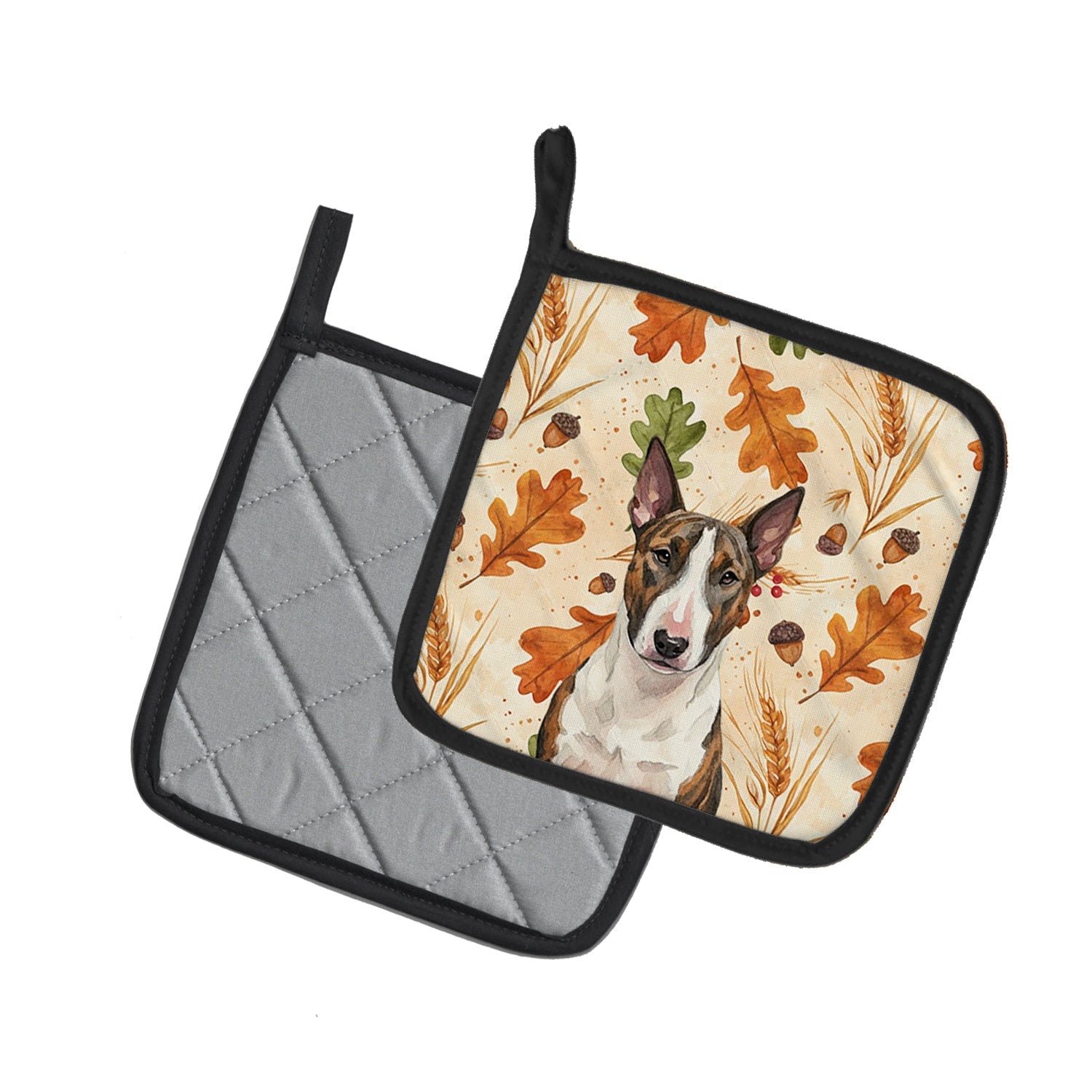 Brindle and White Bull Terrier Heirloom Fall Pot Holder Set of 2 Heat Resistant Quilted Hot Pads 7.5 x 7.5 Inch, Insulated Kitchen Trivets for Cooking & Baking