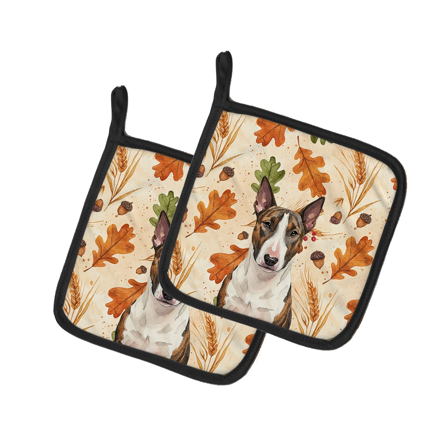 Brindle and White Bull Terrier Heirloom Fall Pot Holder Set of 2 Heat Resistant Quilted Hot Pads 7.5 x 7.5 Inch, Insulated Kitchen Trivets for Cooking & Baking